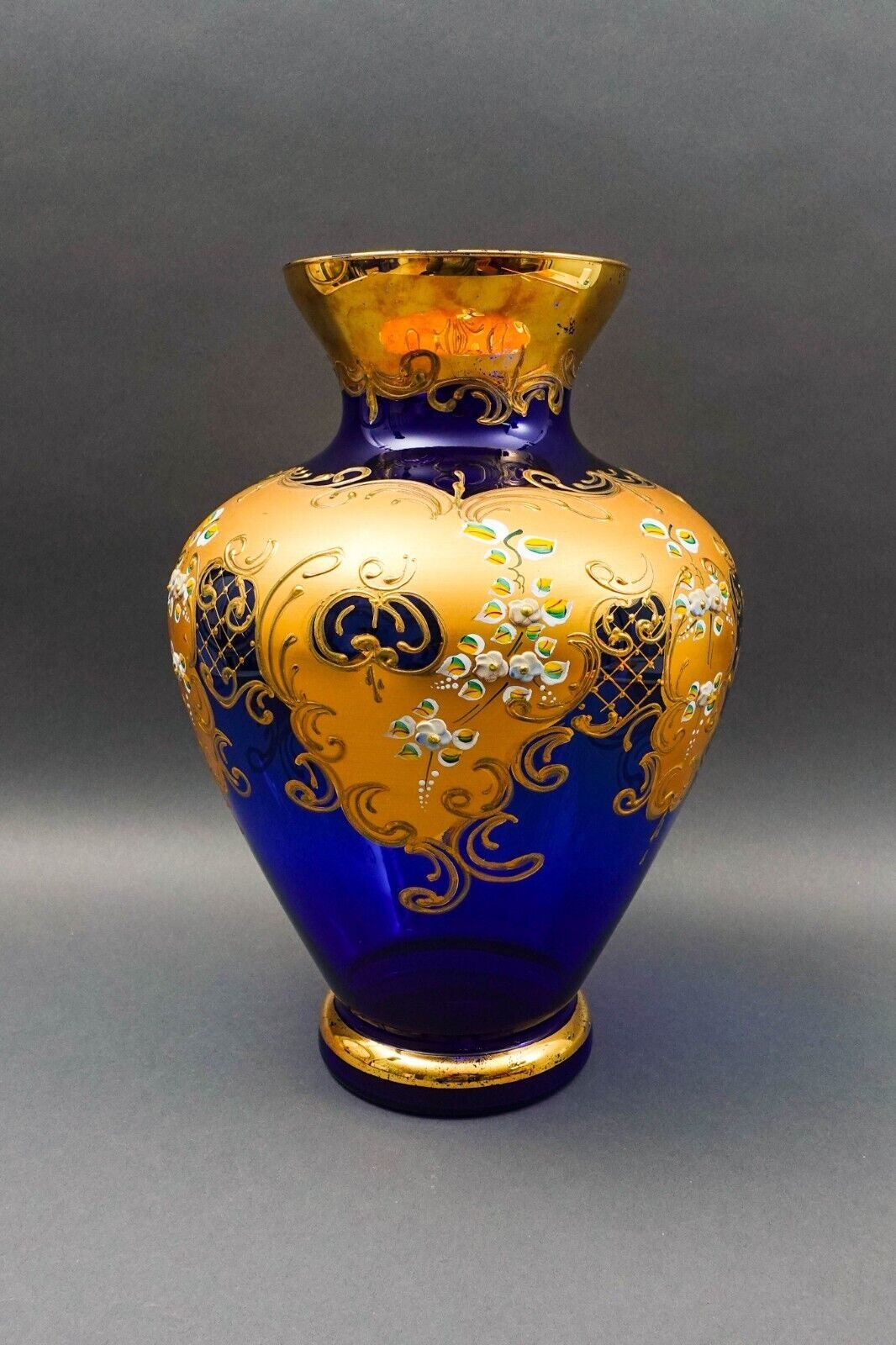 Tre Fuochi Italian Venetian Murano Glass Bohemian Cobalt Blue Gold Floral Vase
