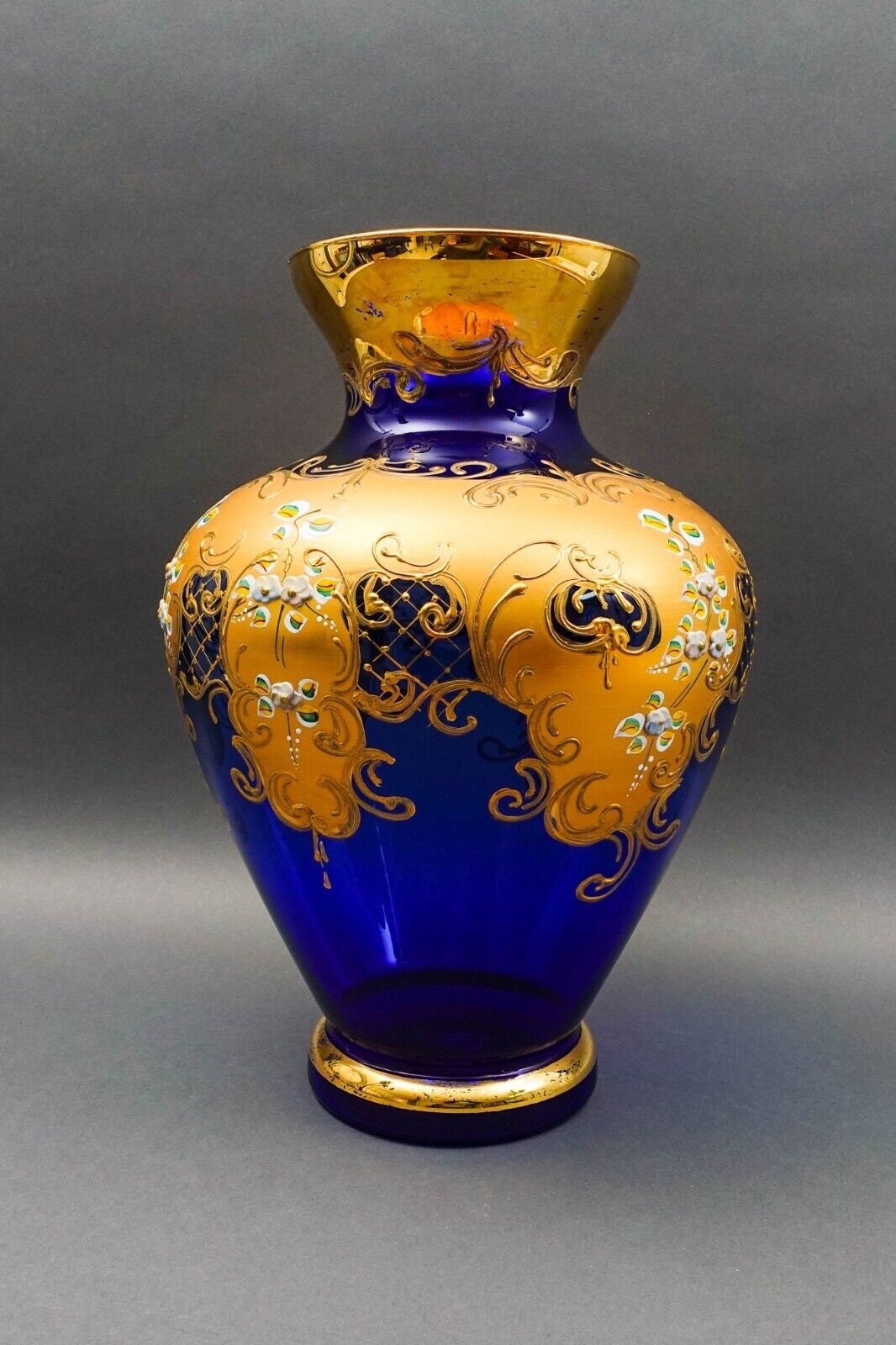 Tre Fuochi Italian Venetian Murano Glass Bohemian Cobalt Blue Gold Floral Vase