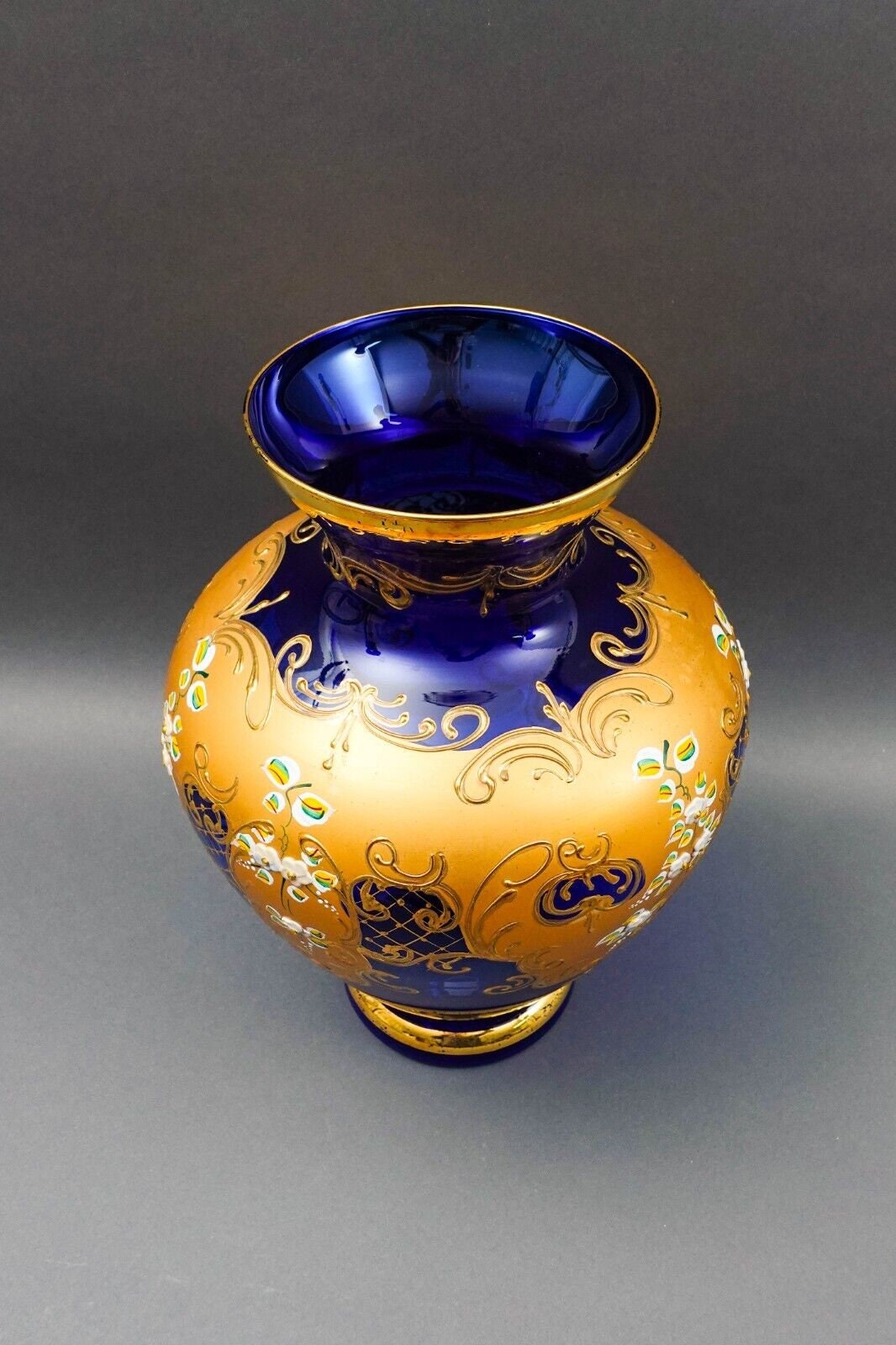 Tre Fuochi Italian Venetian Murano Glass Bohemian Cobalt Blue Gold Floral Vase