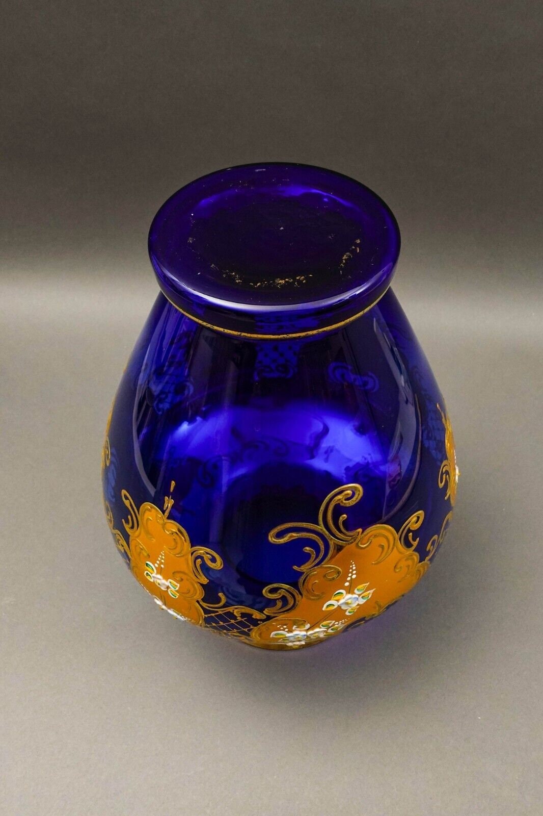 Tre Fuochi Italian Venetian Murano Glass Bohemian Cobalt Blue Gold Floral Vase