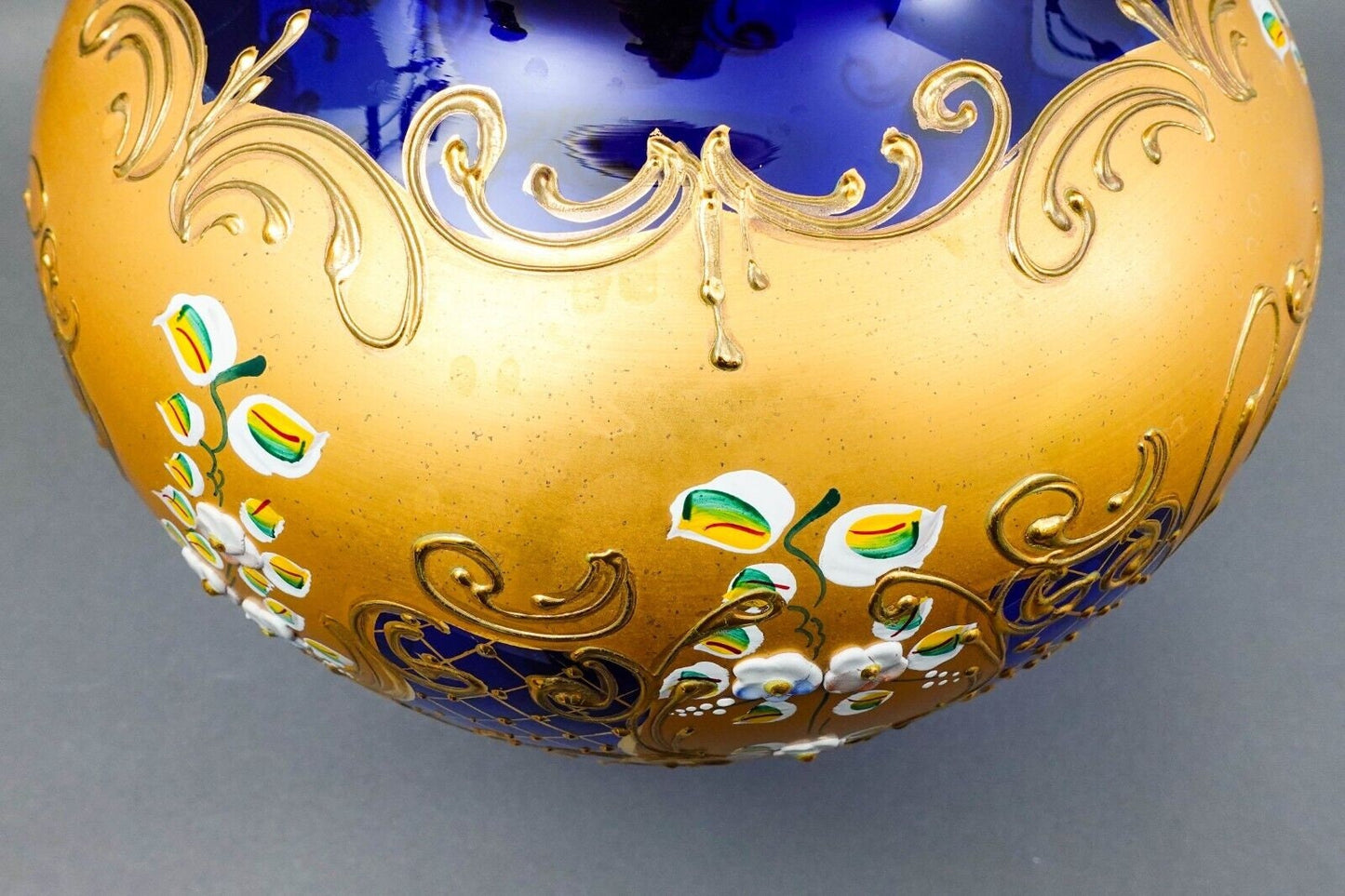 Tre Fuochi Italian Venetian Murano Glass Bohemian Cobalt Blue Gold Floral Vase
