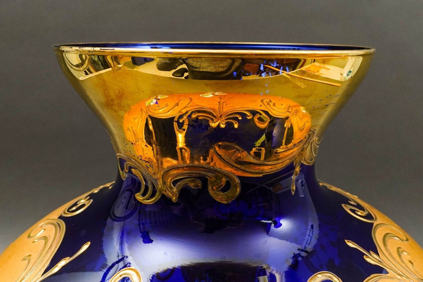 Tre Fuochi Italian Venetian Murano Glass Bohemian Cobalt Blue Gold Floral Vase