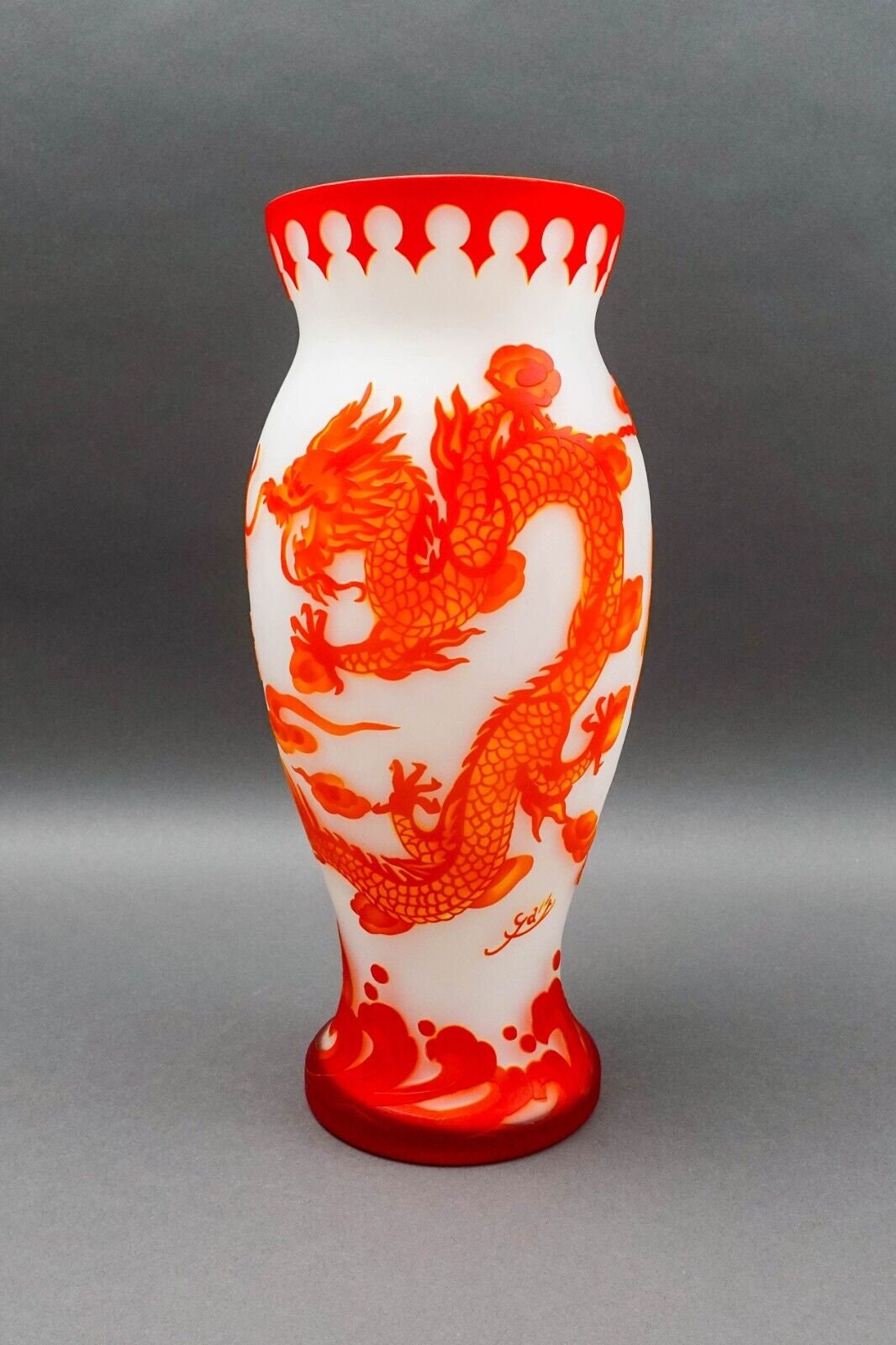 Large Galle Style Reproduction Flame Asian Dragon Cameo Peking Art Glass Vase