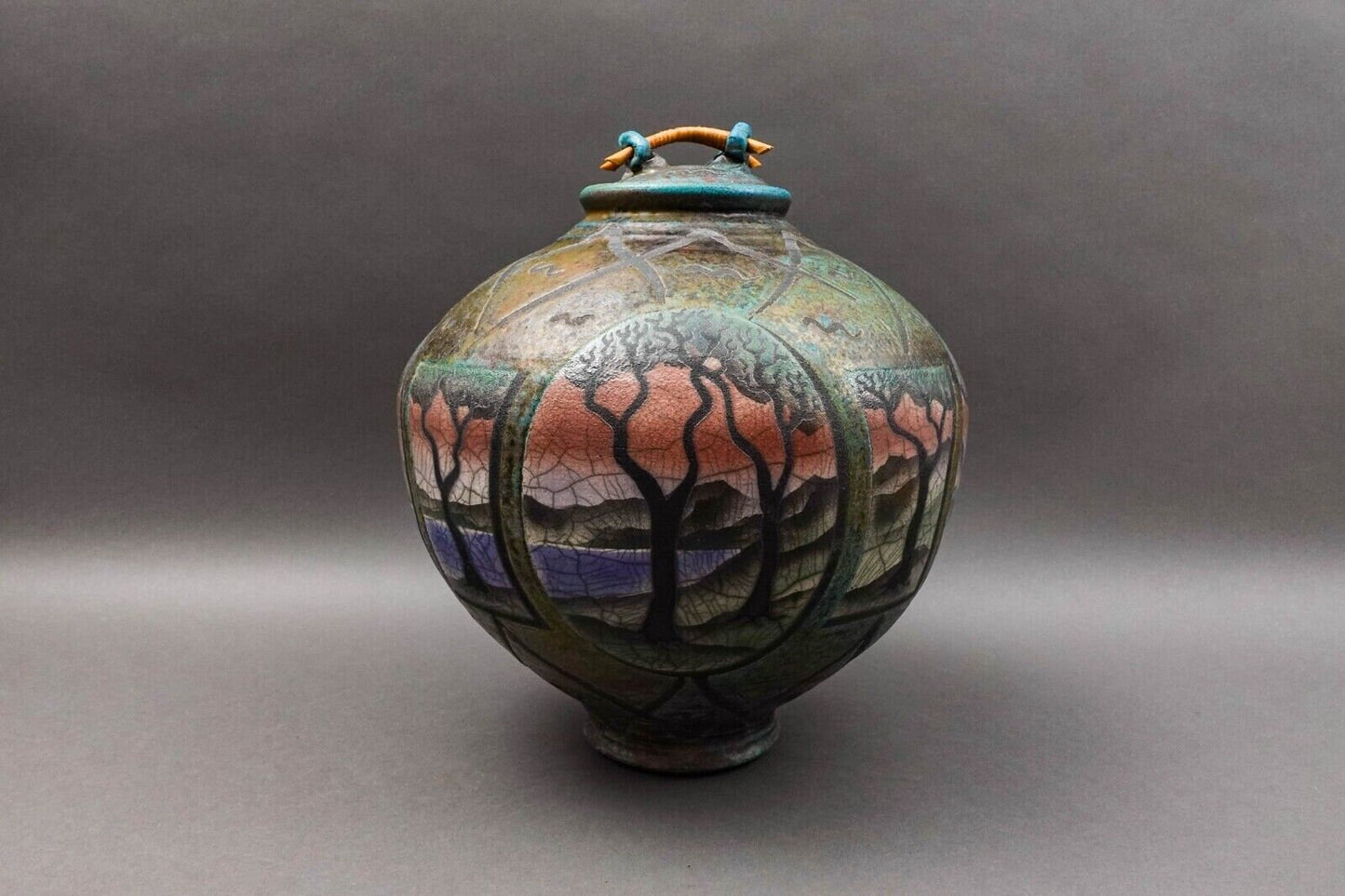 Ken Jensen 1998 Signed Large Landscape Scene Raku Pottery Covered Vessel Pot Jar