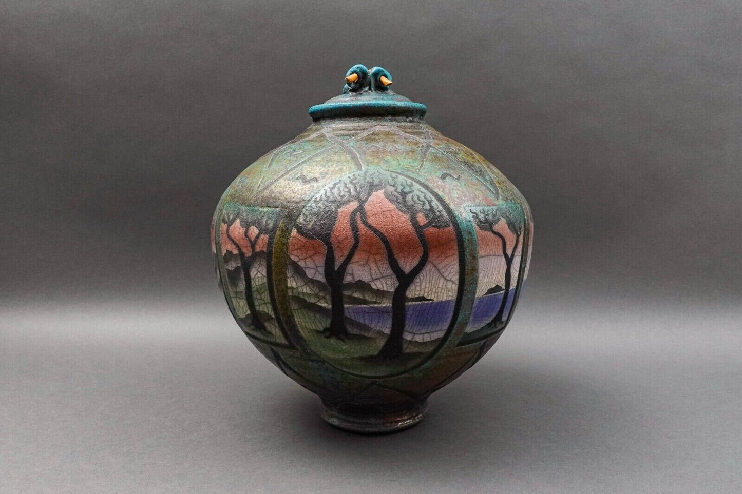 Ken Jensen 1998 Signed Large Landscape Scene Raku Pottery Covered Vessel Pot Jar
