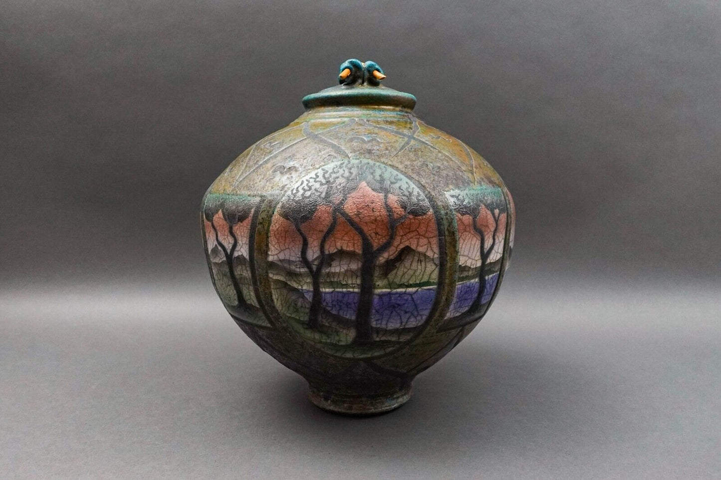 Ken Jensen 1998 Signed Large Landscape Scene Raku Pottery Covered Vessel Pot Jar