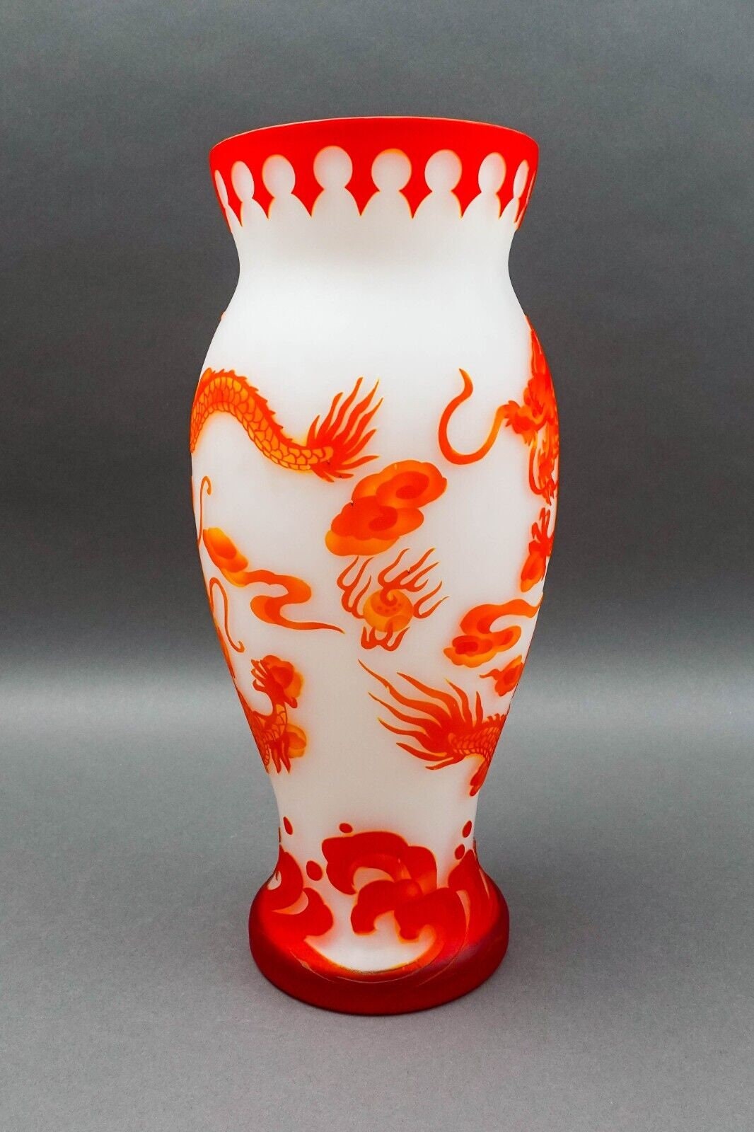 Large Galle Style Reproduction Flame Asian Dragon Cameo Peking Art Glass Vase