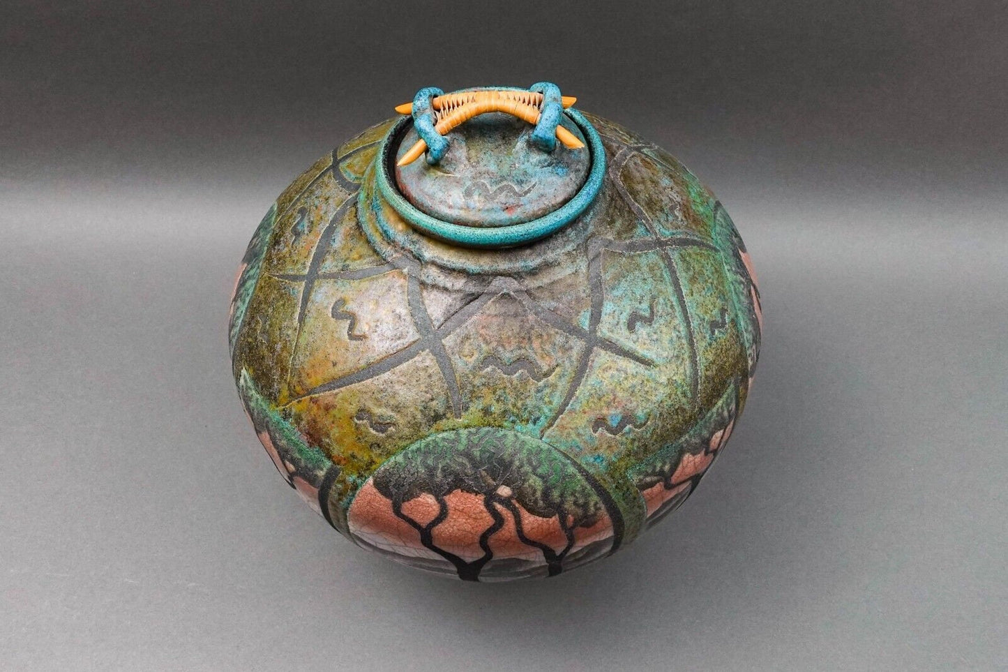 Ken Jensen 1998 Signed Large Landscape Scene Raku Pottery Covered Vessel Pot Jar