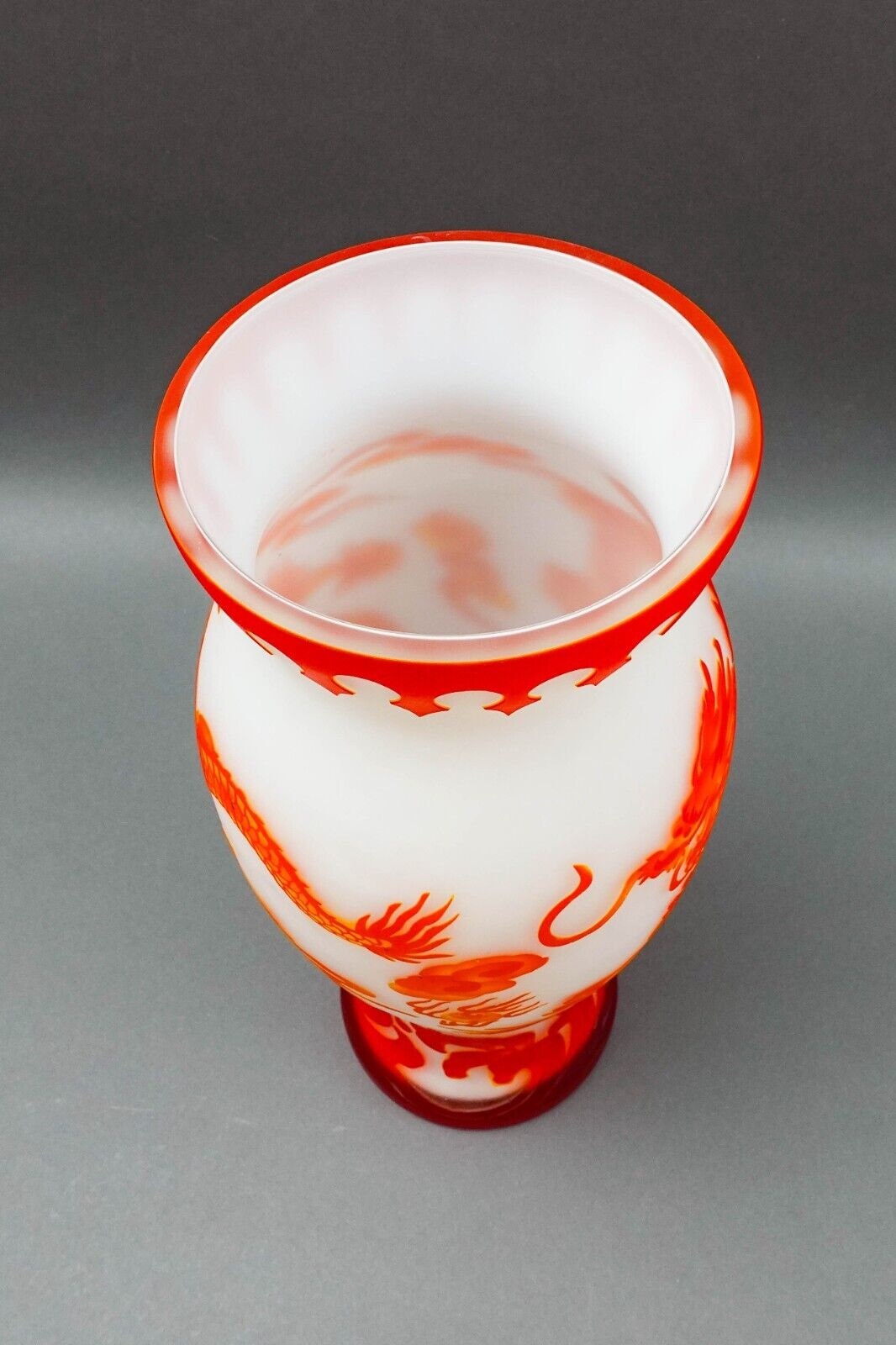 Large Galle Style Reproduction Flame Asian Dragon Cameo Peking Art Glass Vase
