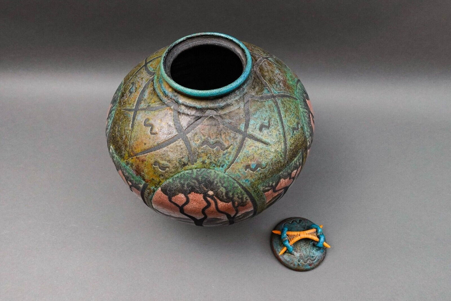 Ken Jensen 1998 Signed Large Landscape Scene Raku Pottery Covered Vessel Pot Jar