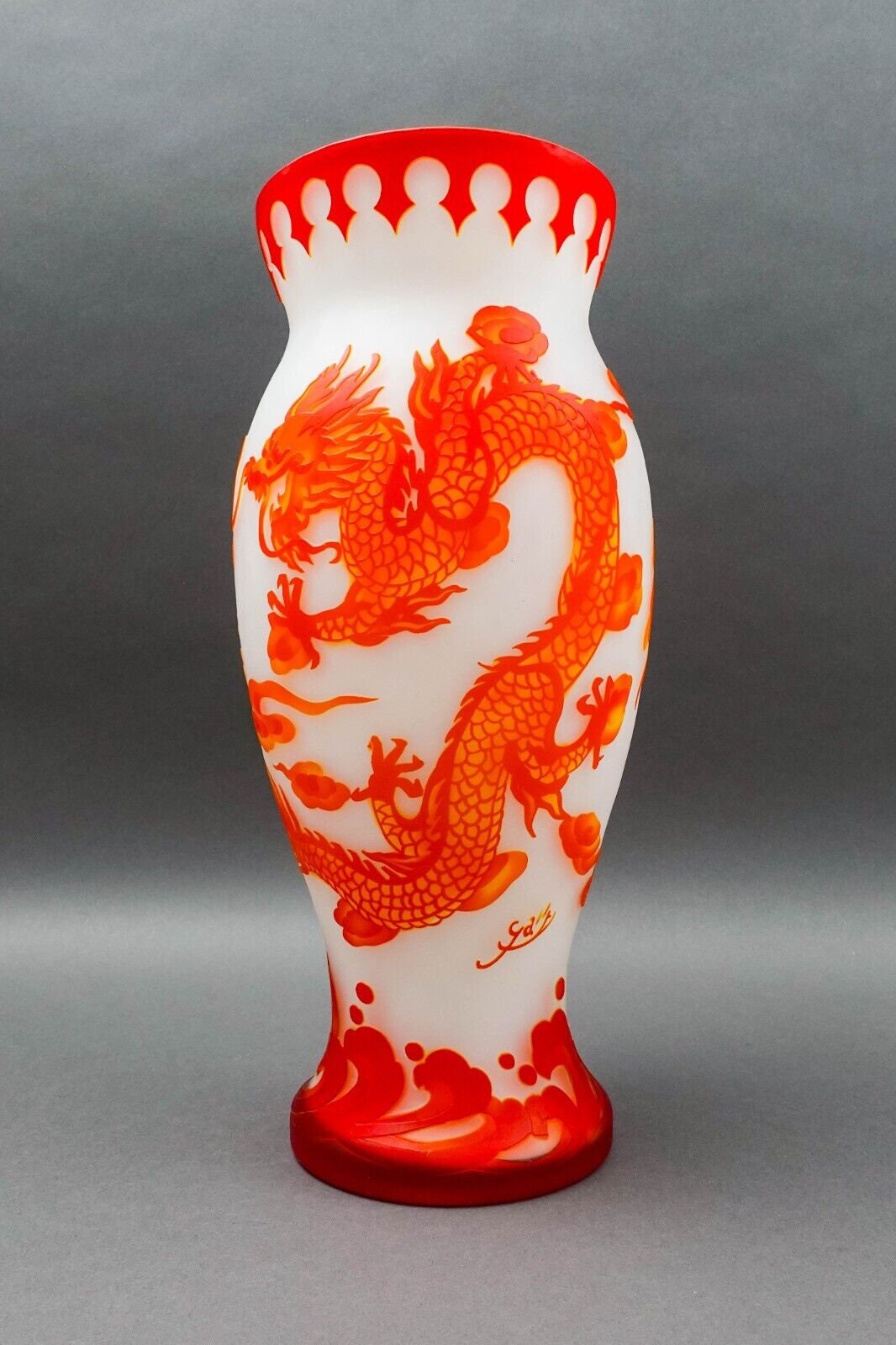 Large Galle Style Reproduction Flame Asian Dragon Cameo Peking Art Glass Vase