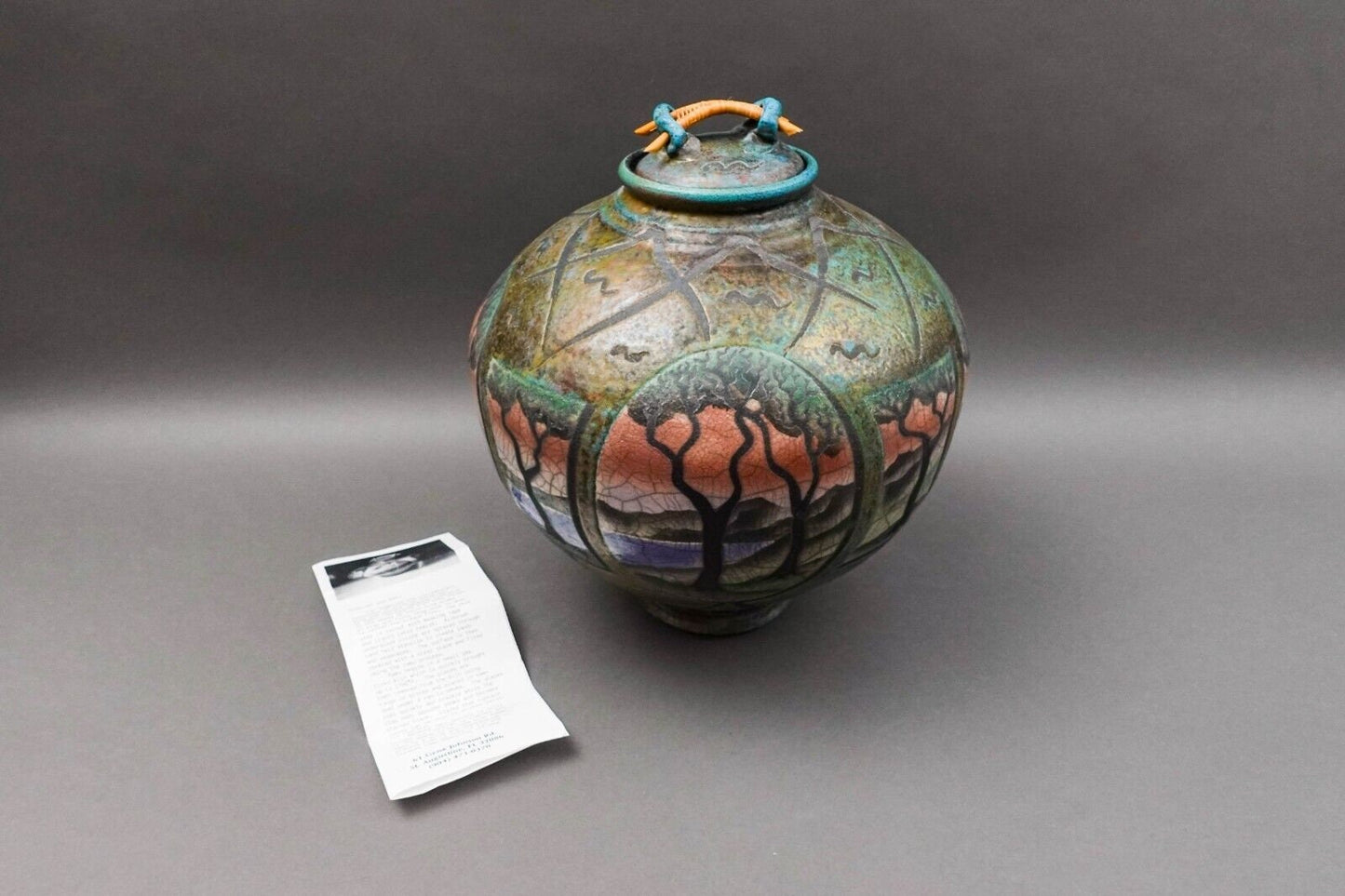Ken Jensen 1998 Signed Large Landscape Scene Raku Pottery Covered Vessel Pot Jar