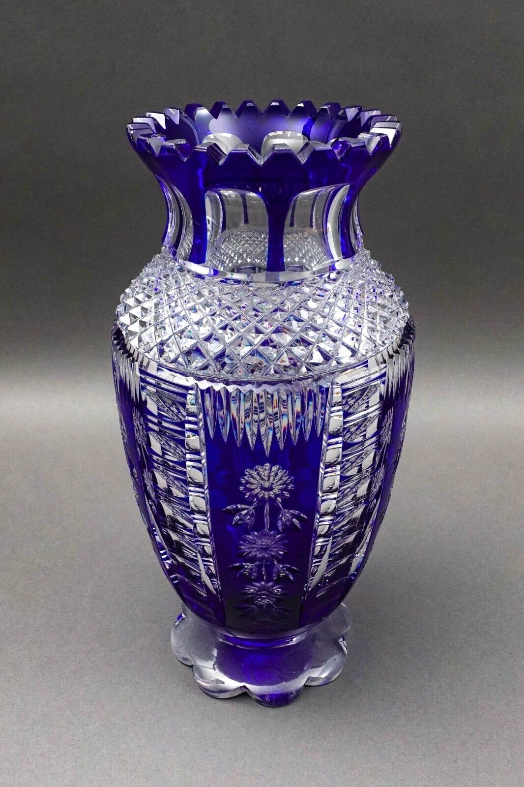 Bohemian Czech Cobalt Blue Cut To Clear Crystal Vase With Sawtooth Rim 12 1/2"