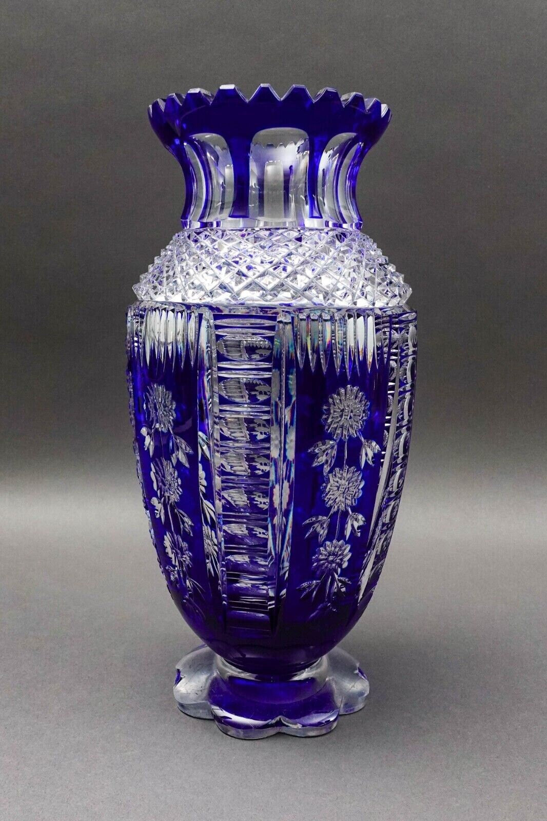 Bohemian Czech Cobalt Blue Cut To Clear Crystal Vase With Sawtooth Rim 12 1/2"