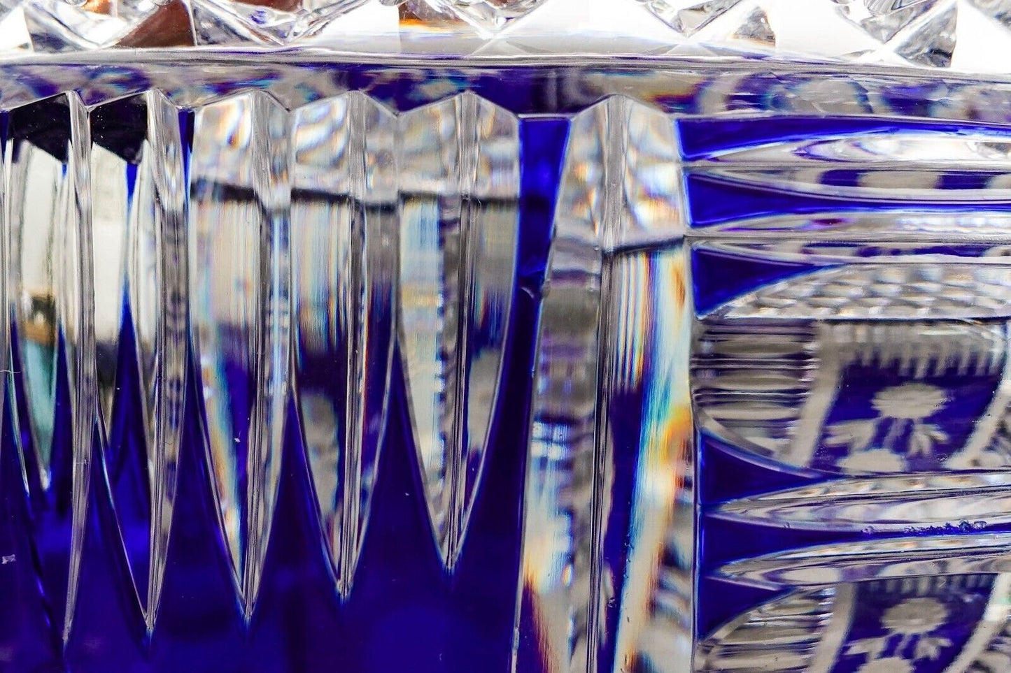 Bohemian Czech Cobalt Blue Cut To Clear Crystal Vase With Sawtooth Rim 12 1/2"