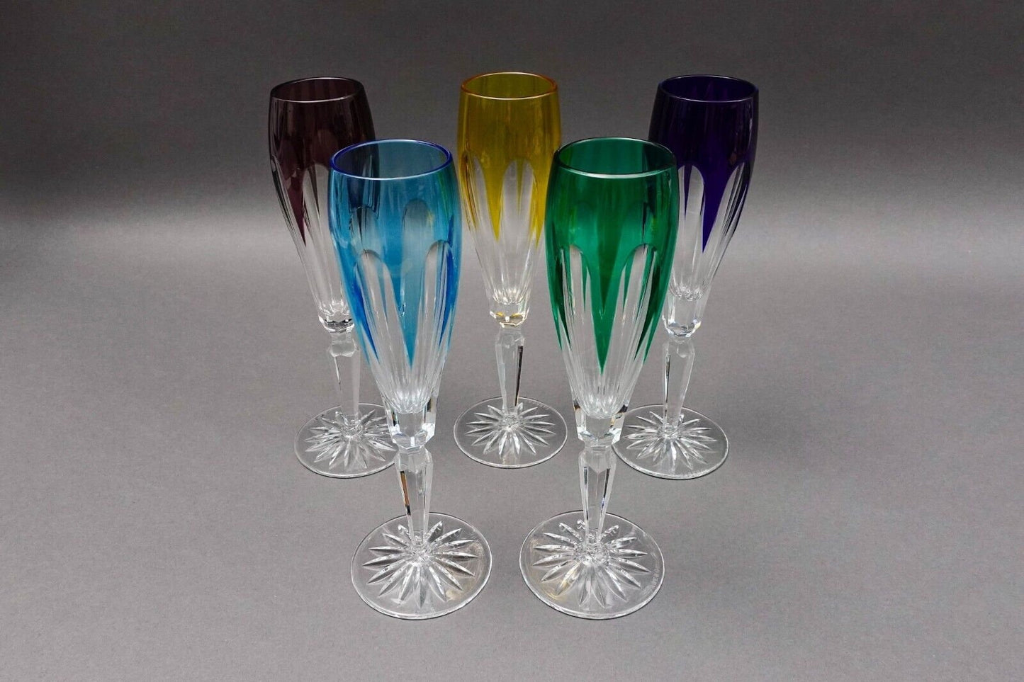 Faberge Crystal Lausanne Multicolored Champagne Flute Glasses Set Of 5