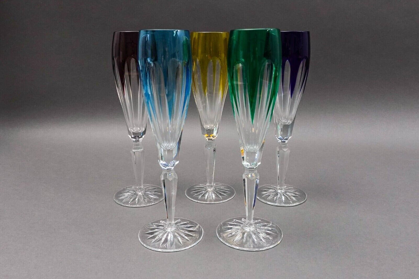 Faberge Crystal Lausanne Multicolored Champagne Flute Glasses Set Of 5