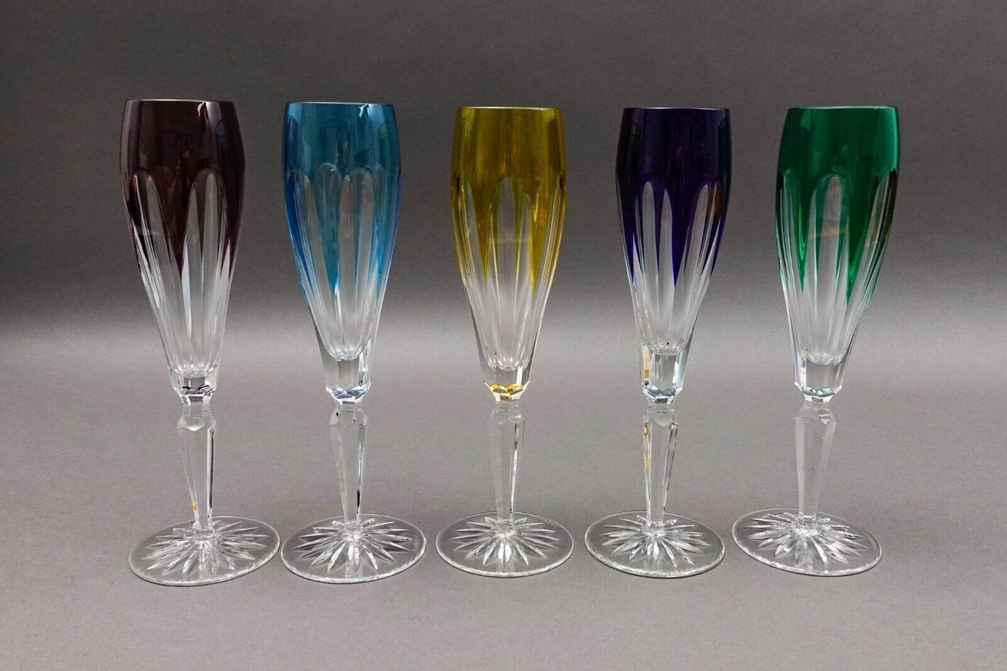 Faberge Crystal Lausanne Multicolored Champagne Flute Glasses Set Of 5