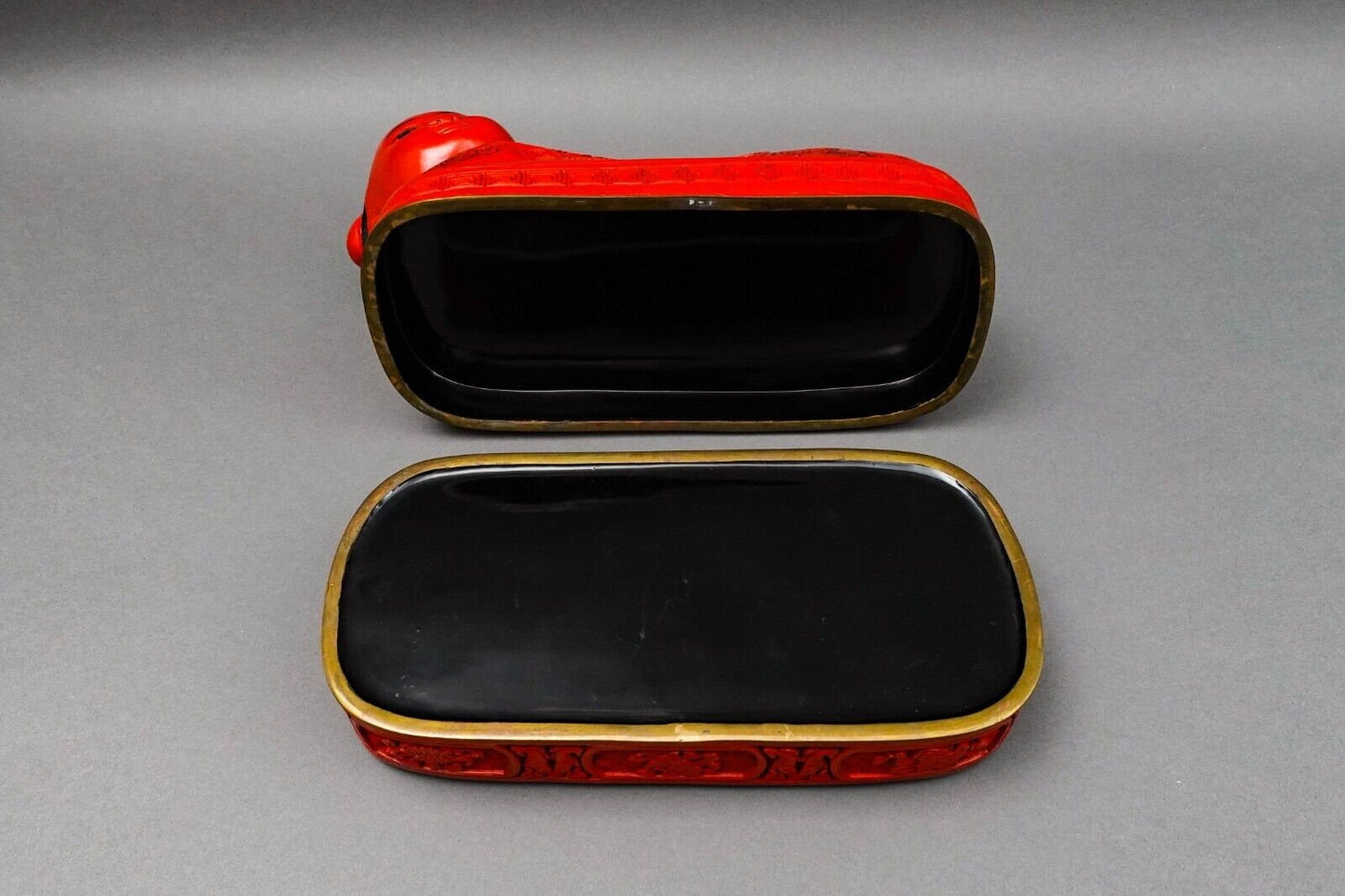 Antique Chinese Large Fine Carved Cinnabar Lacquer Boy Pillow Headrest Box Rare