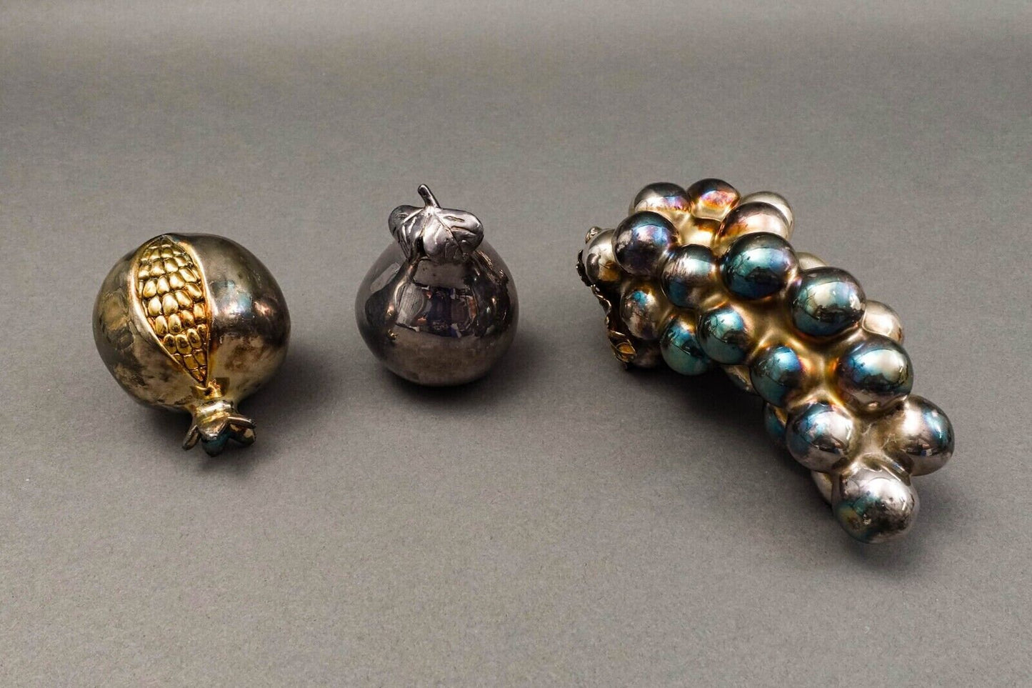 Lisham Art Israel .925 Sterling Silver Fruits Grape Pomegranate Pear Set Of 3