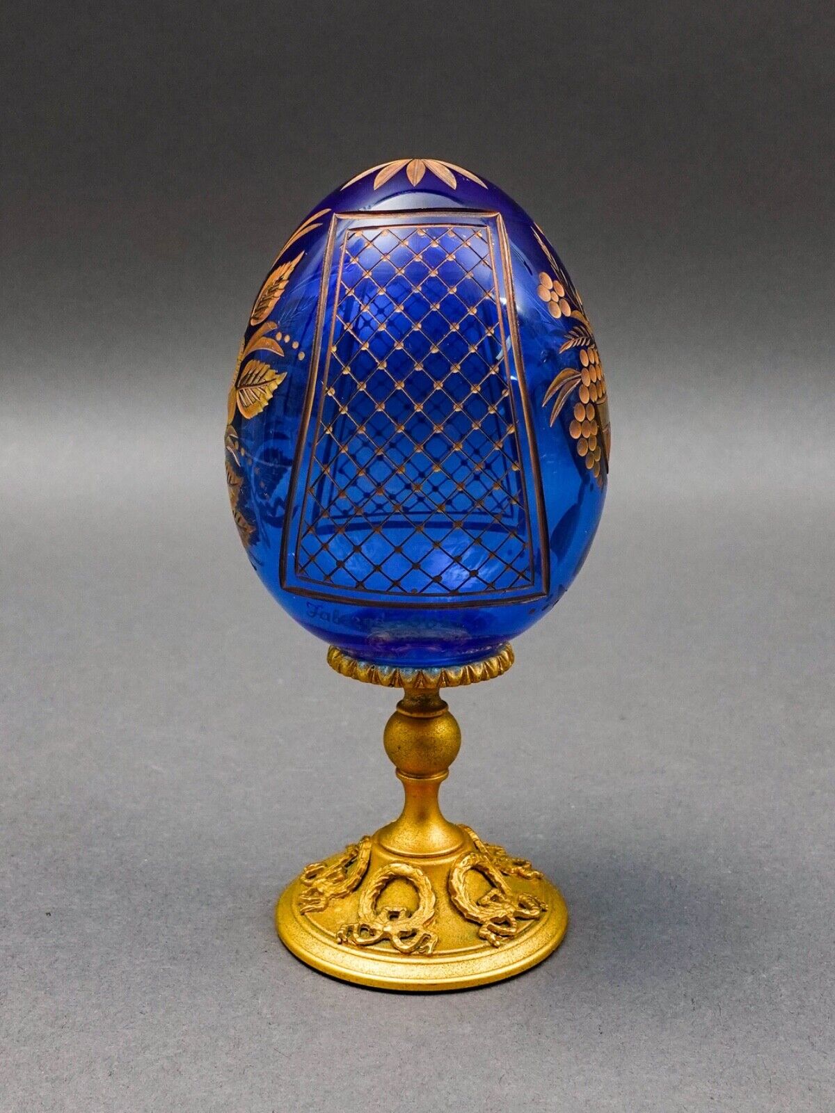 Faberge Cobalt Blue Cut Crystal Gold Gilt Rose Flower & Fruit Basket Egg #0681