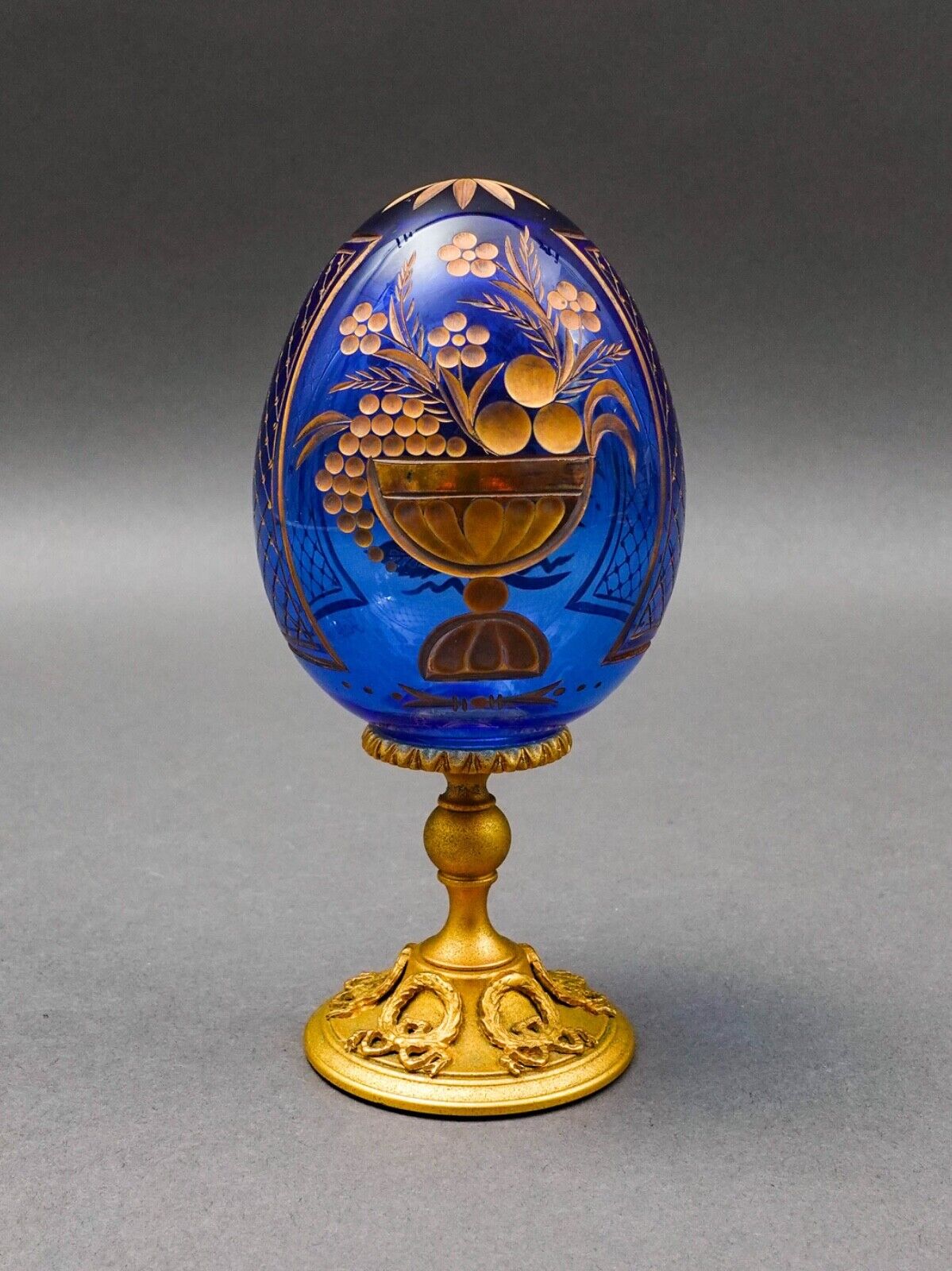 Faberge Cobalt Blue Cut Crystal Gold Gilt Rose Flower & Fruit Basket Egg #0681