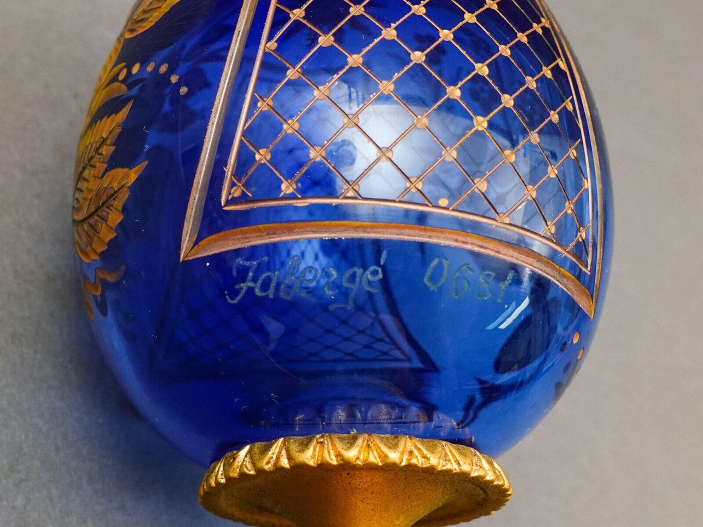 Faberge Cobalt Blue Cut Crystal Gold Gilt Rose Flower & Fruit Basket Egg #0681
