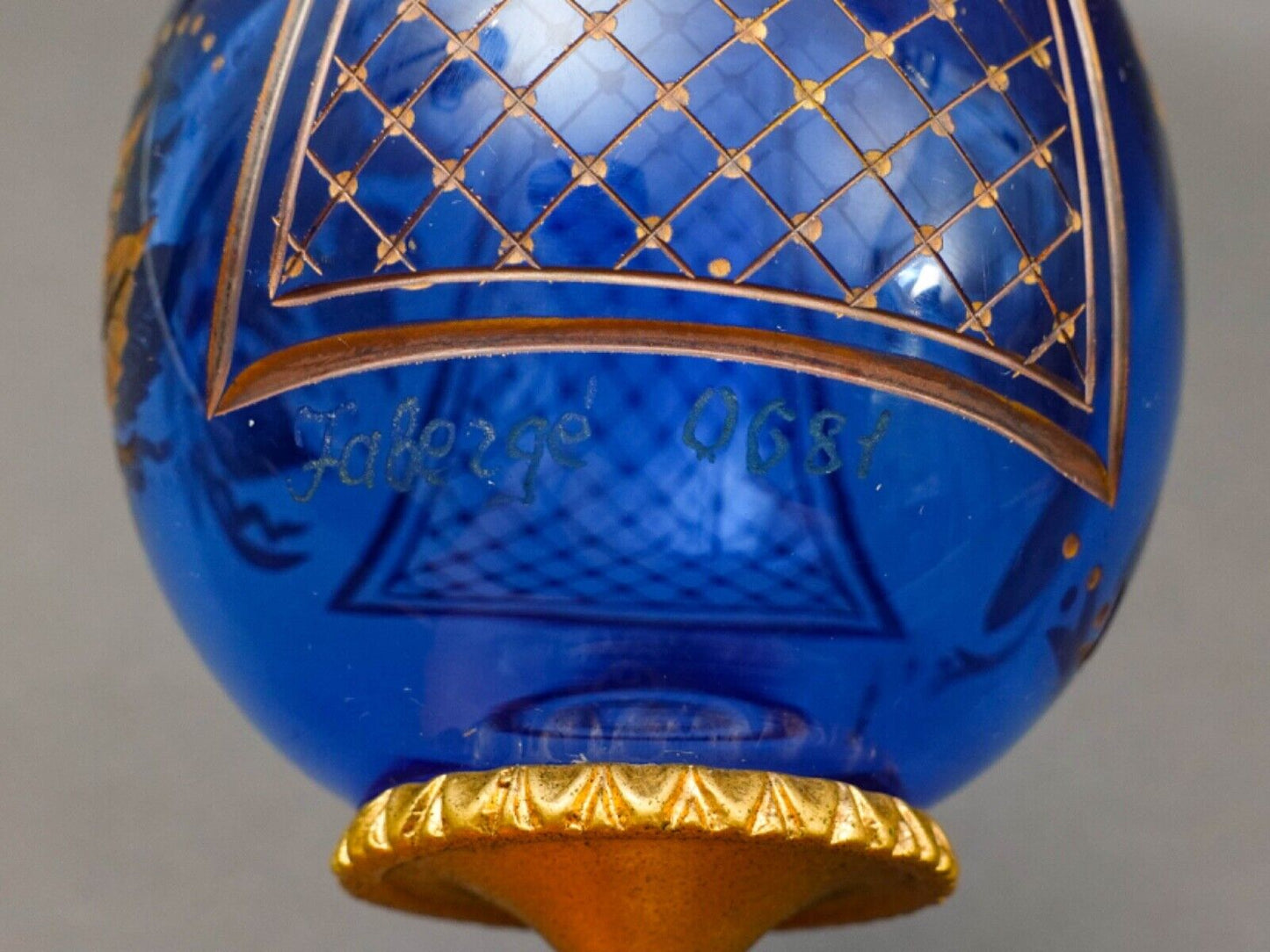 Faberge Cobalt Blue Cut Crystal Gold Gilt Rose Flower & Fruit Basket Egg #0681