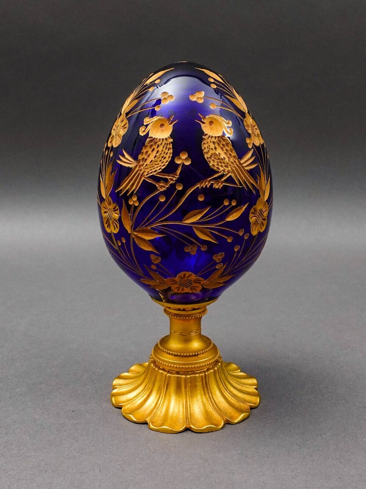 Style Of Faberge Cobalt Blue Cut Crystal Gold Gilt Floral Love Birds Egg