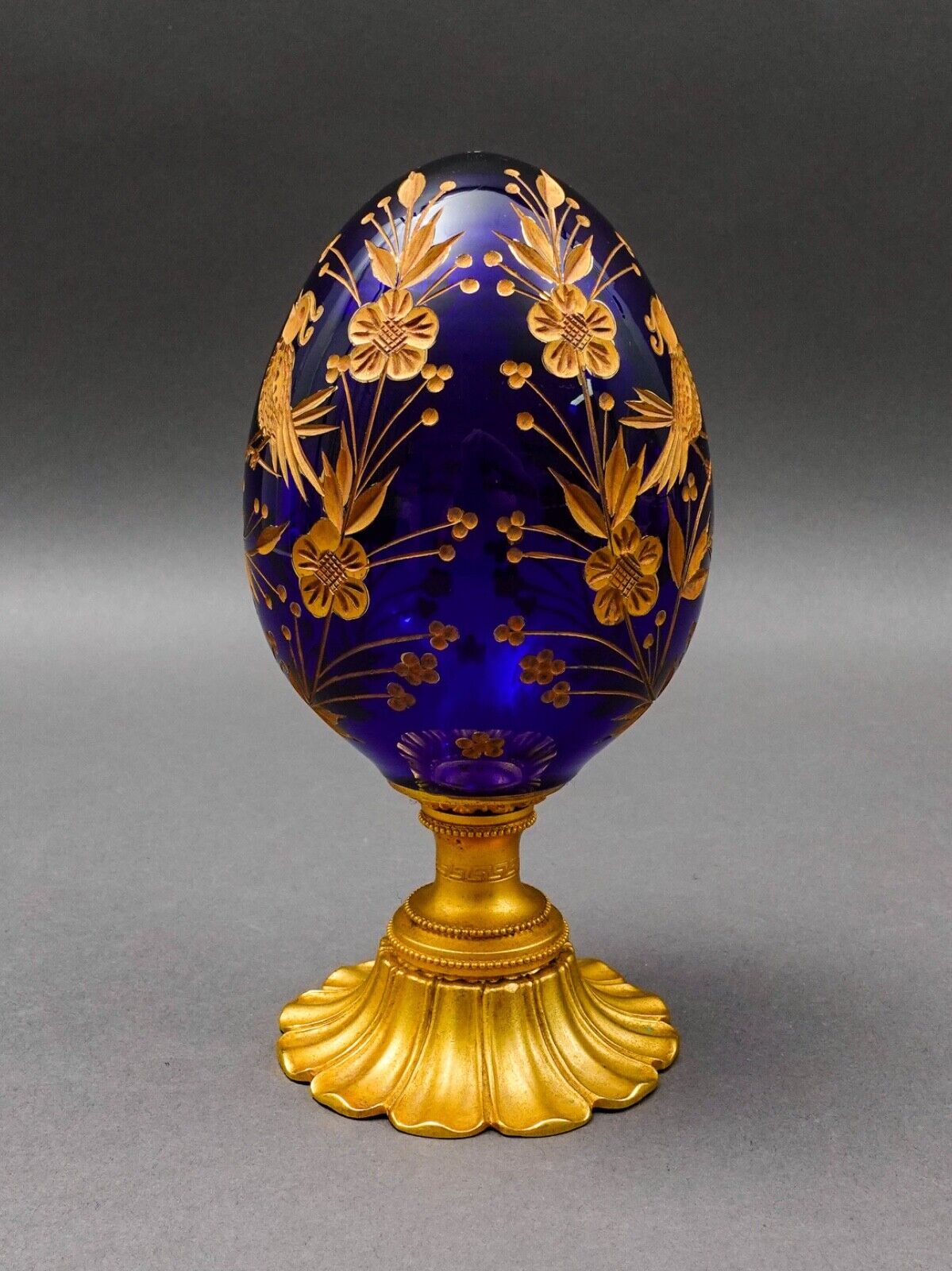 Style Of Faberge Cobalt Blue Cut Crystal Gold Gilt Floral Love Birds Egg