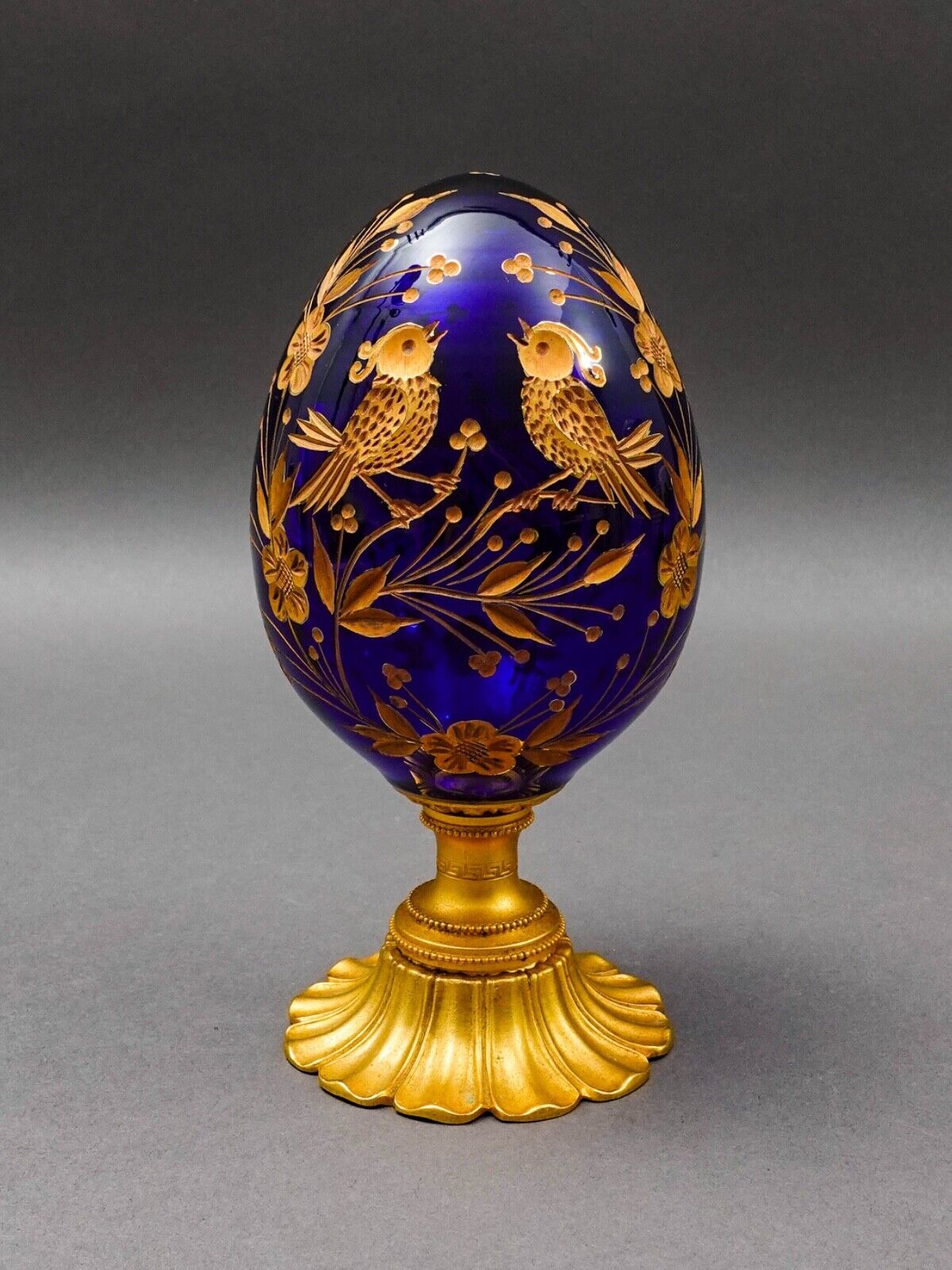 Style Of Faberge Cobalt Blue Cut Crystal Gold Gilt Floral Love Birds Egg