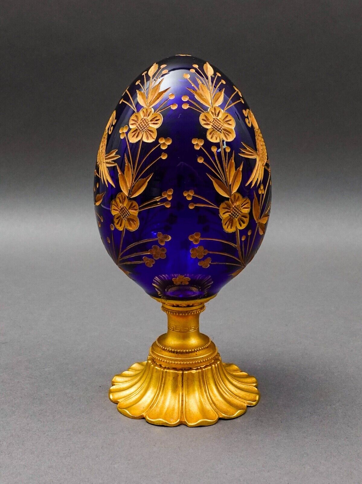 Style Of Faberge Cobalt Blue Cut Crystal Gold Gilt Floral Love Birds Egg