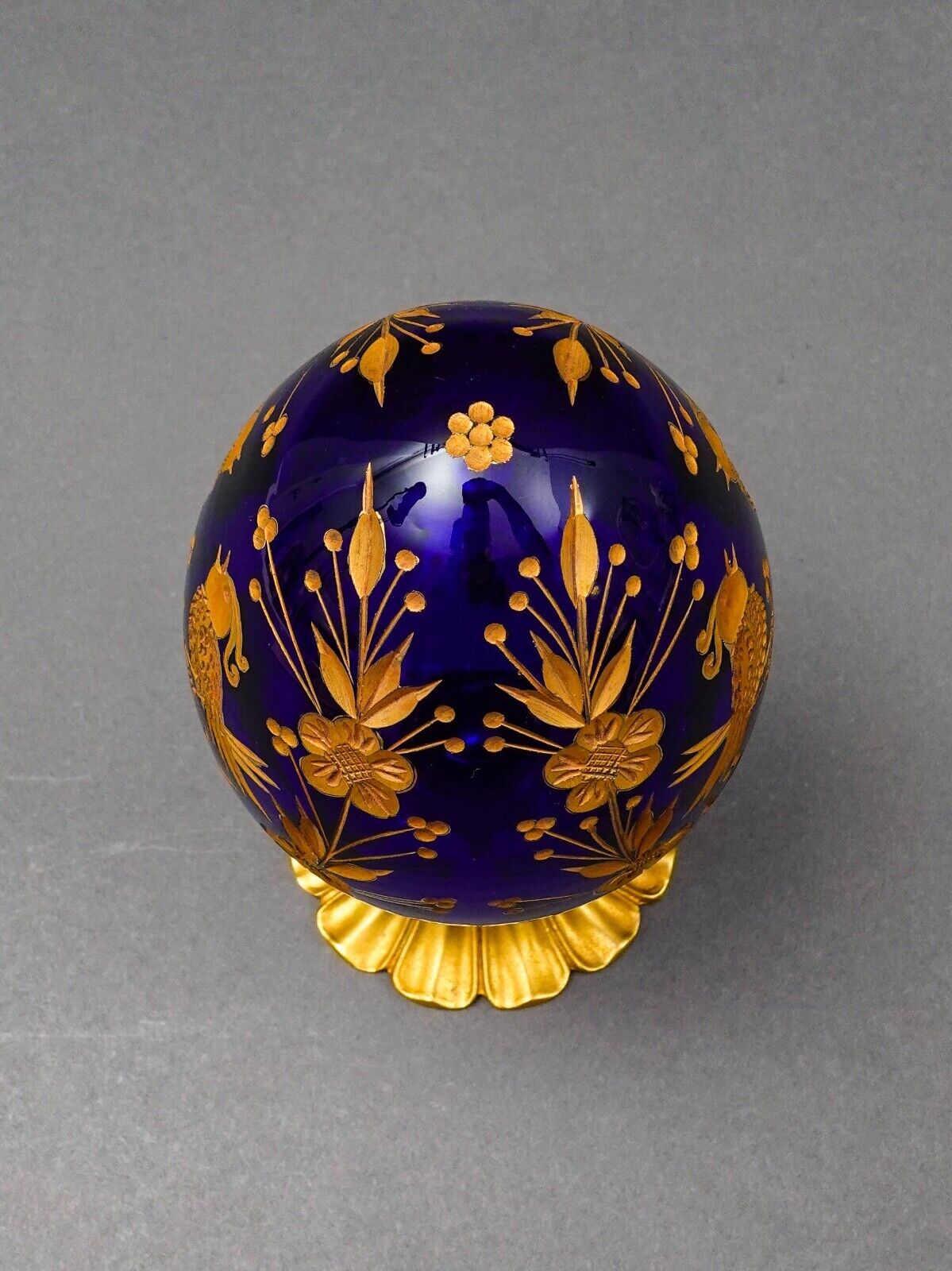 Style Of Faberge Cobalt Blue Cut Crystal Gold Gilt Floral Love Birds Egg