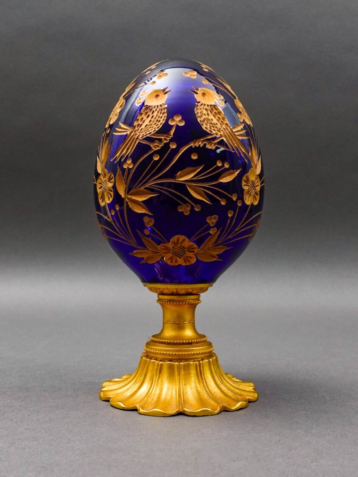 Style Of Faberge Cobalt Blue Cut Crystal Gold Gilt Floral Love Birds Egg