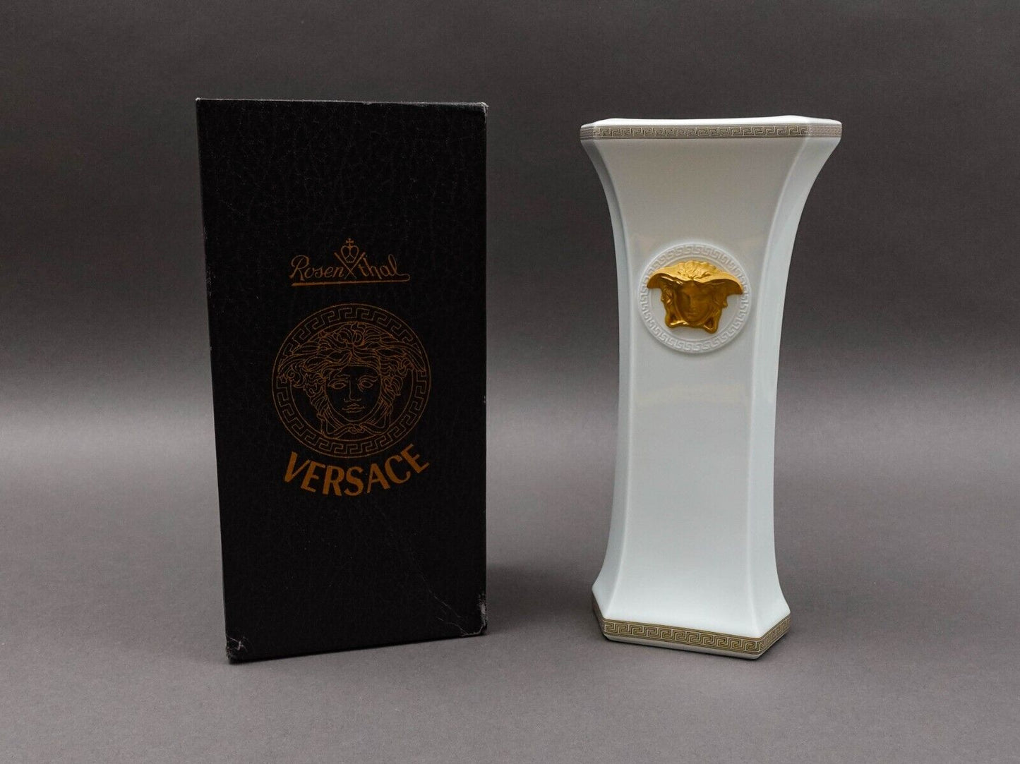 Versace Rosenthal Gorgona Medusa White Greek Key Porcelain Vase 10" New In Box