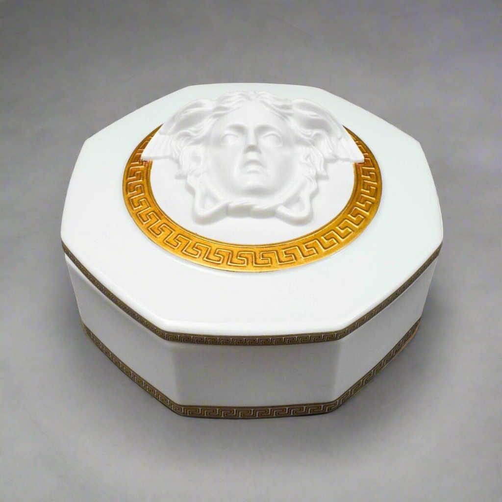 Versace Rosenthal Gorgona Medusa Gold Greek Key Porcelain Trinket Jewlery Box