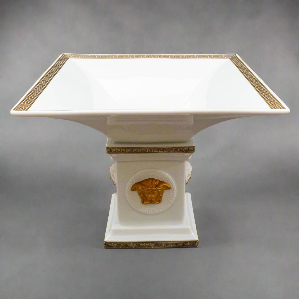 Versace Rosenthal Gorgona Medusa Gold Greek Key Porcelain Footed Candy Dish Bowl