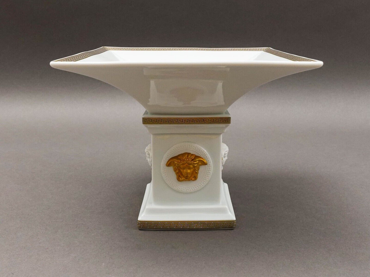 Versace Rosenthal Gorgona Medusa Gold Greek Key Porcelain Footed Candy Dish Bowl