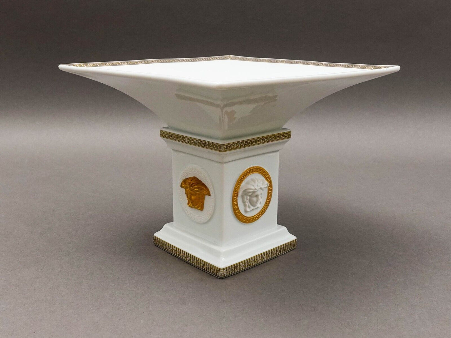 Versace Rosenthal Gorgona Medusa Gold Greek Key Porcelain Footed Candy Dish Bowl
