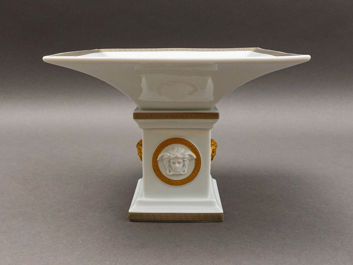 Versace Rosenthal Gorgona Medusa Gold Greek Key Porcelain Footed Candy Dish Bowl