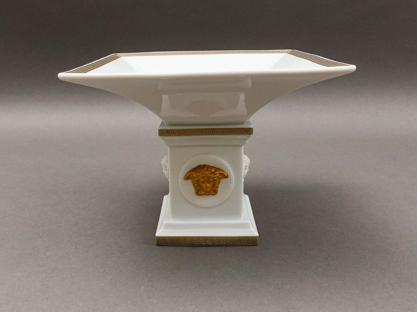Versace Rosenthal Gorgona Medusa Gold Greek Key Porcelain Footed Candy Dish Bowl