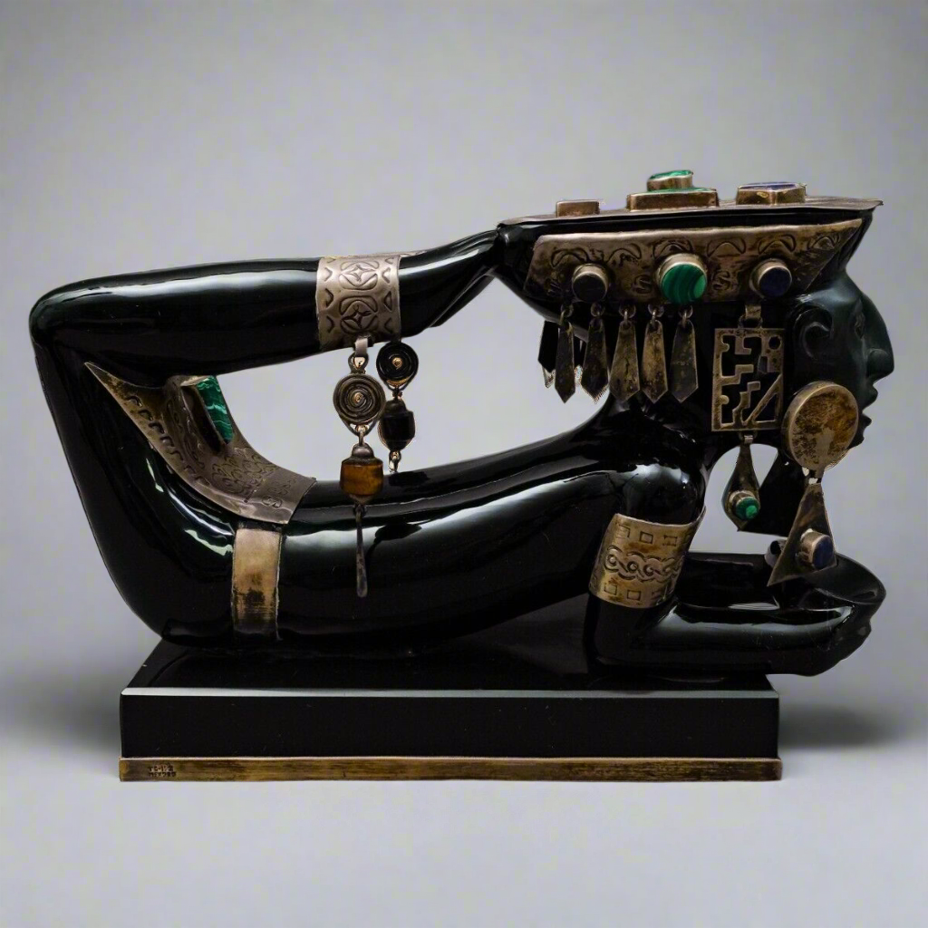 Obsidian Sterling Malachite Lapis Tiger Eye Teotihuacan Aztec Goddess Sculpture