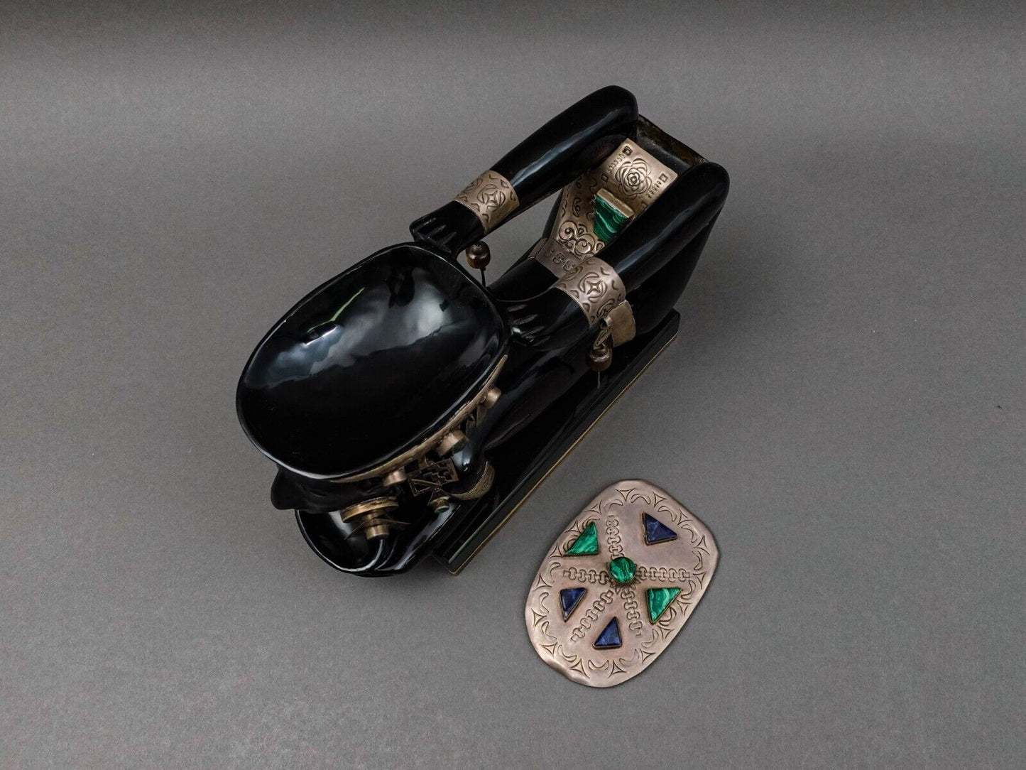 Obsidian Sterling Malachite Lapis Tiger Eye Teotihuacan Aztec Goddess Sculpture