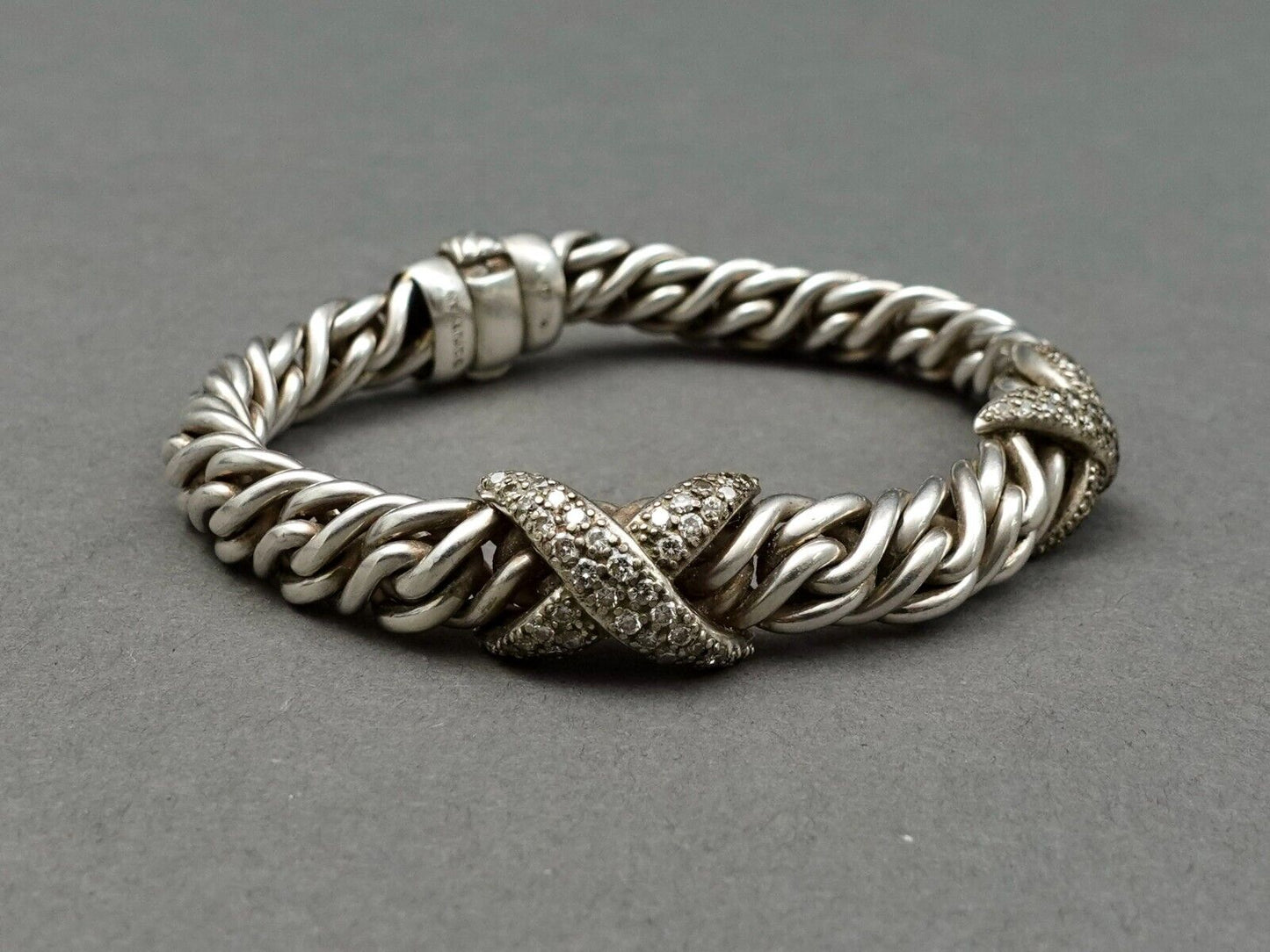 David Yurman Lyrica Double X Pave Diamond Sterling Silver Braided Link Bracelet