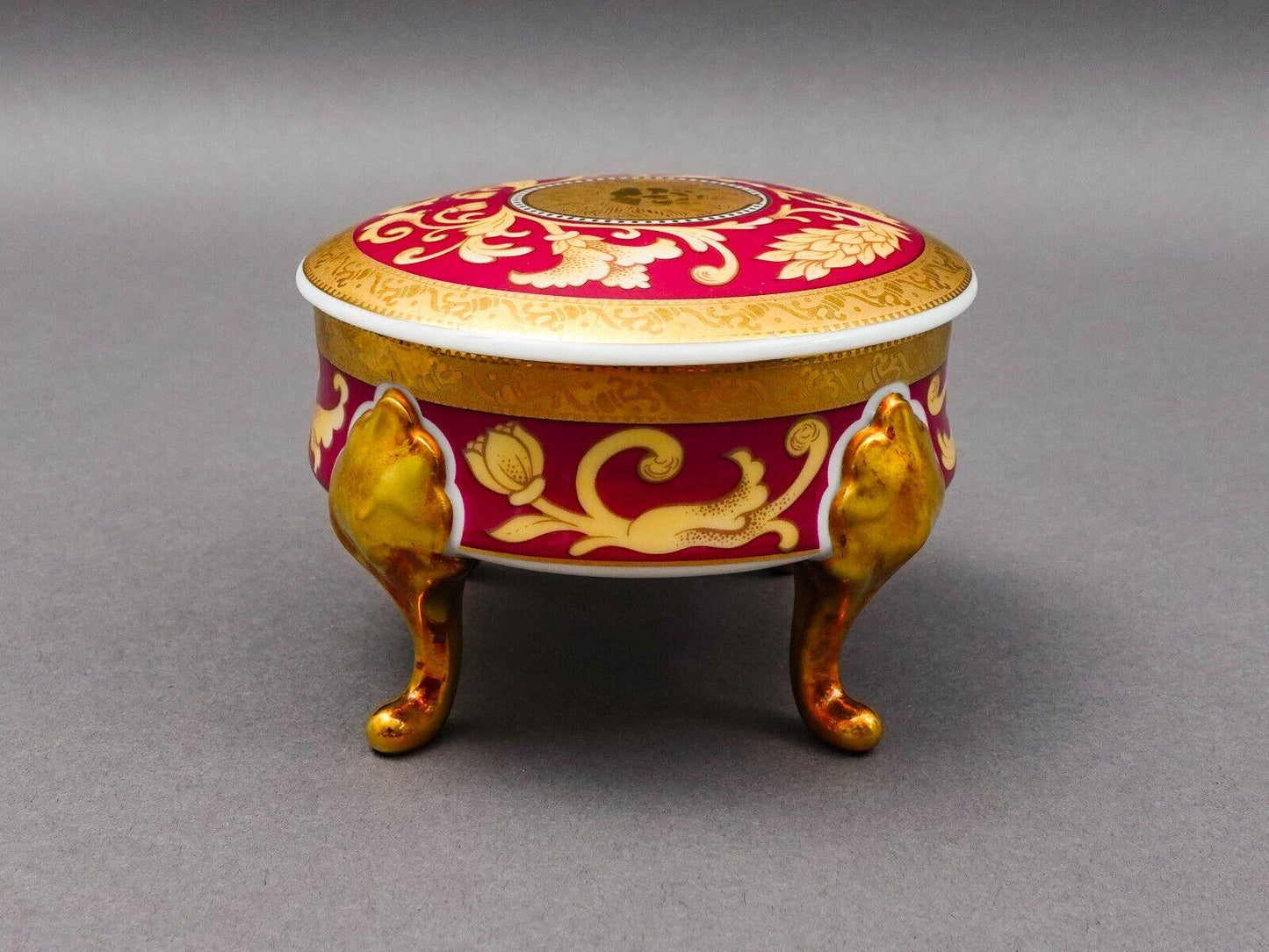 Pirken Hammer Czechoslovakia Red & Gold Porcelain Footed Dresser Trinket Box