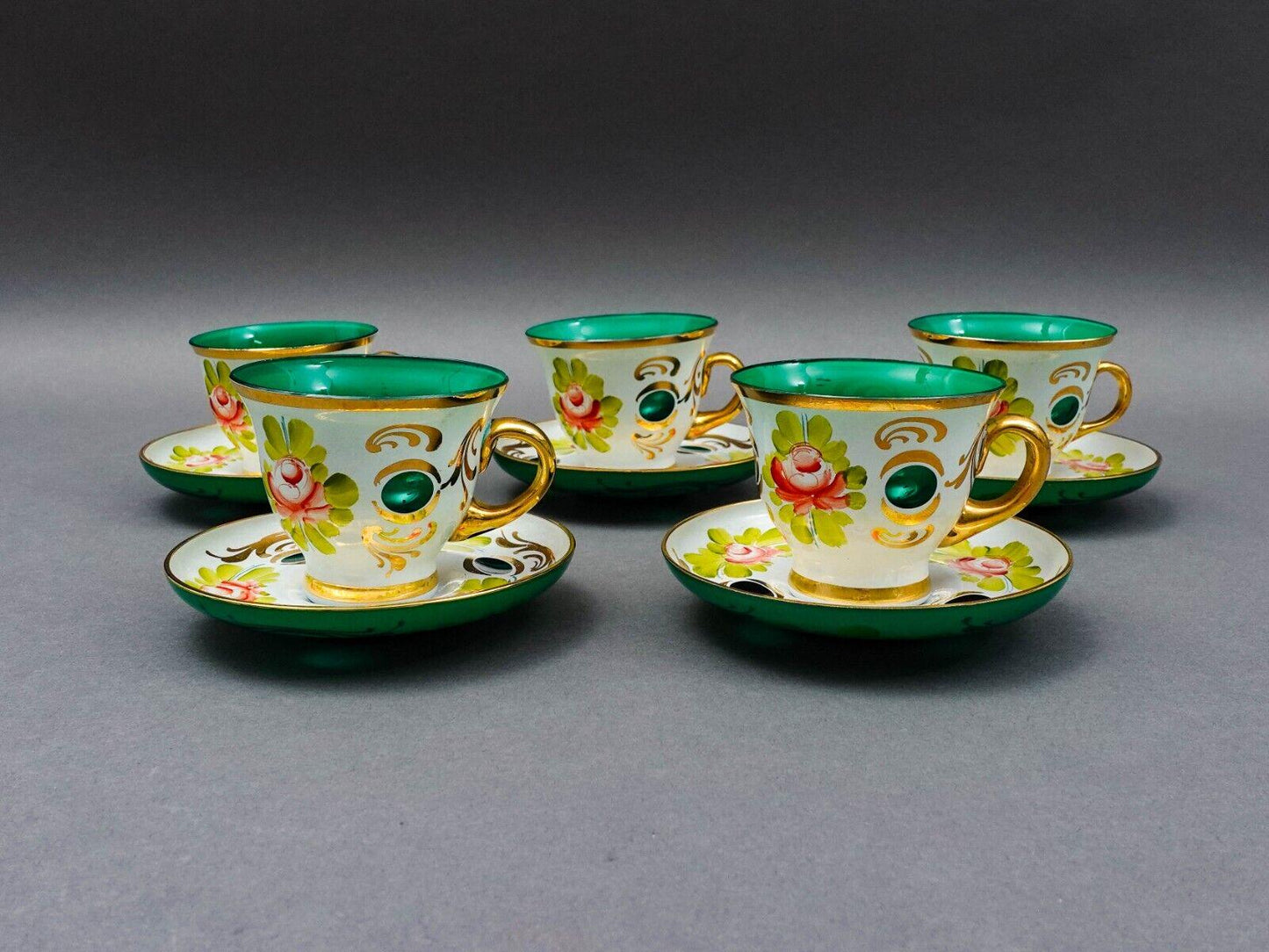Bohemian White Cut To Green Cased Gold Floral Demitasse Cup & Saucer Set Of 5