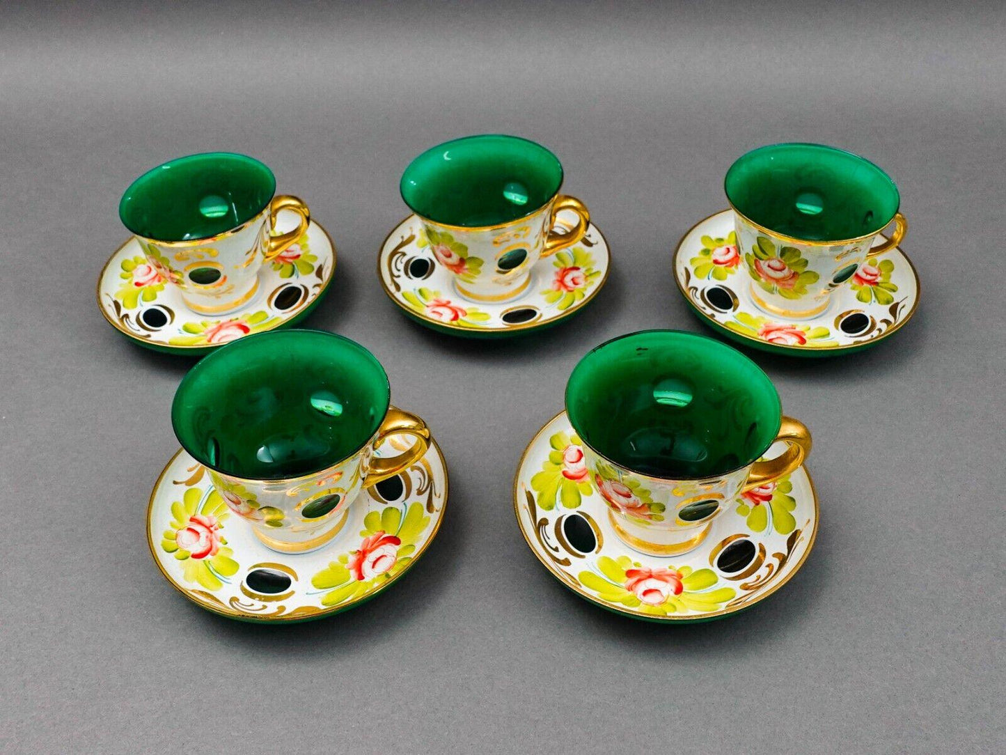 Bohemian White Cut To Green Cased Gold Floral Demitasse Cup & Saucer Set Of 5