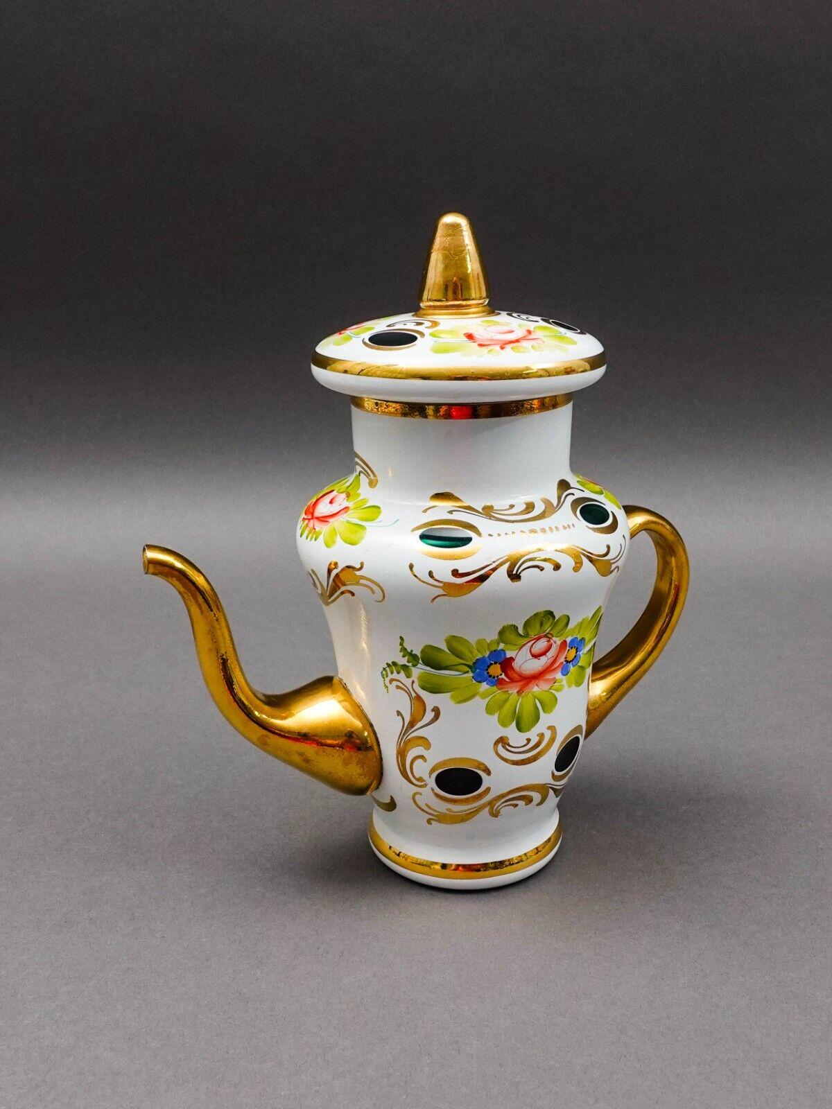 Bohemian Czech White Cut To Green Cased Gold Gilt Hand Painted Floral Tea Pot