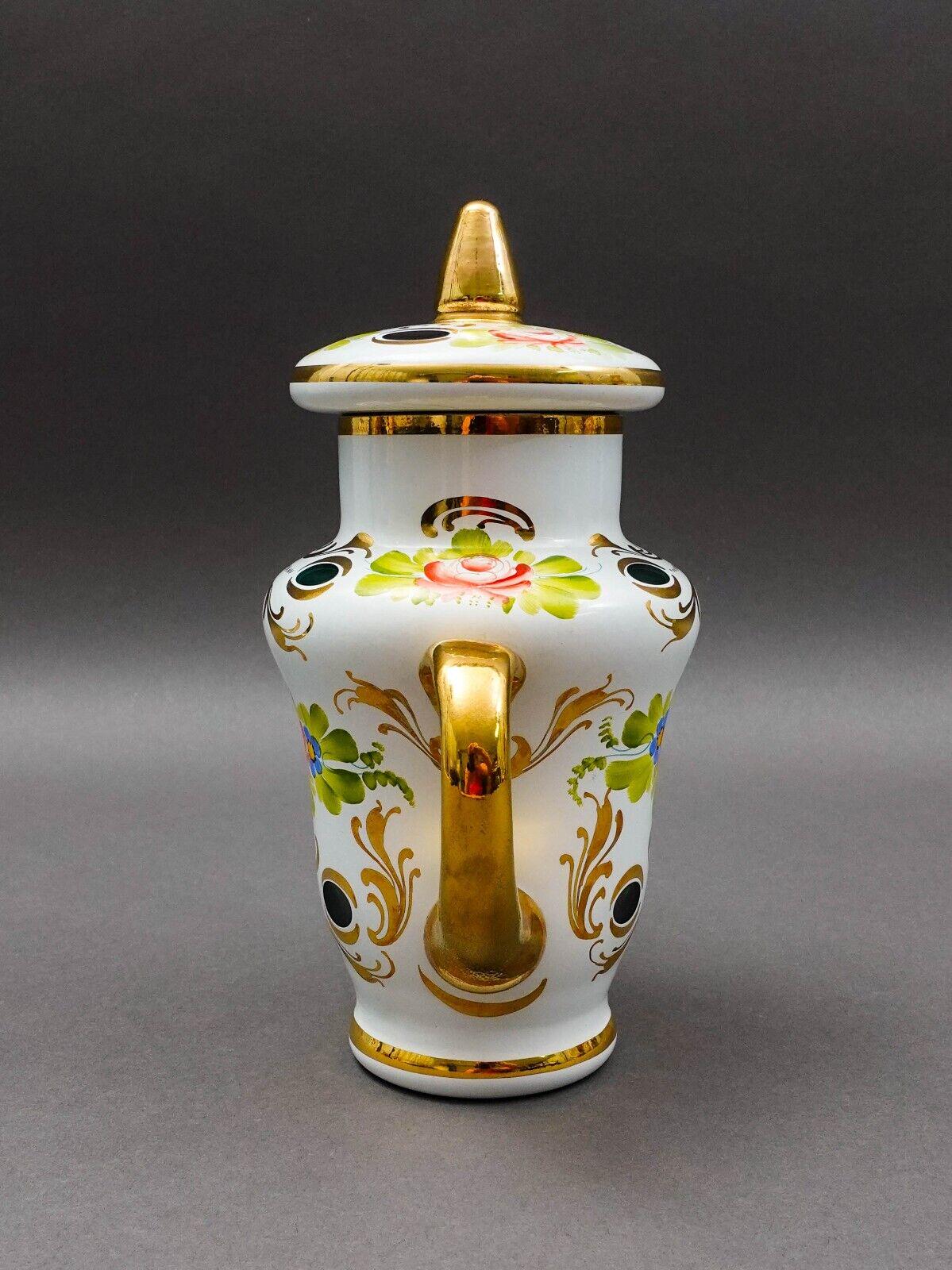 Bohemian Czech White Cut To Green Cased Gold Gilt Hand Painted Floral Tea Pot