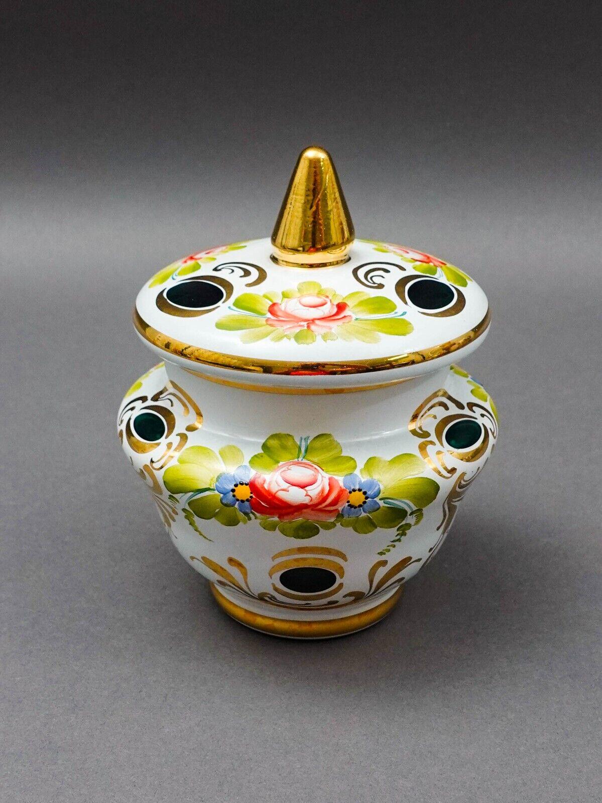 Bohemian White Cut To Green Cased Gold Gilt Hand Painted Floral Sugar Bowl